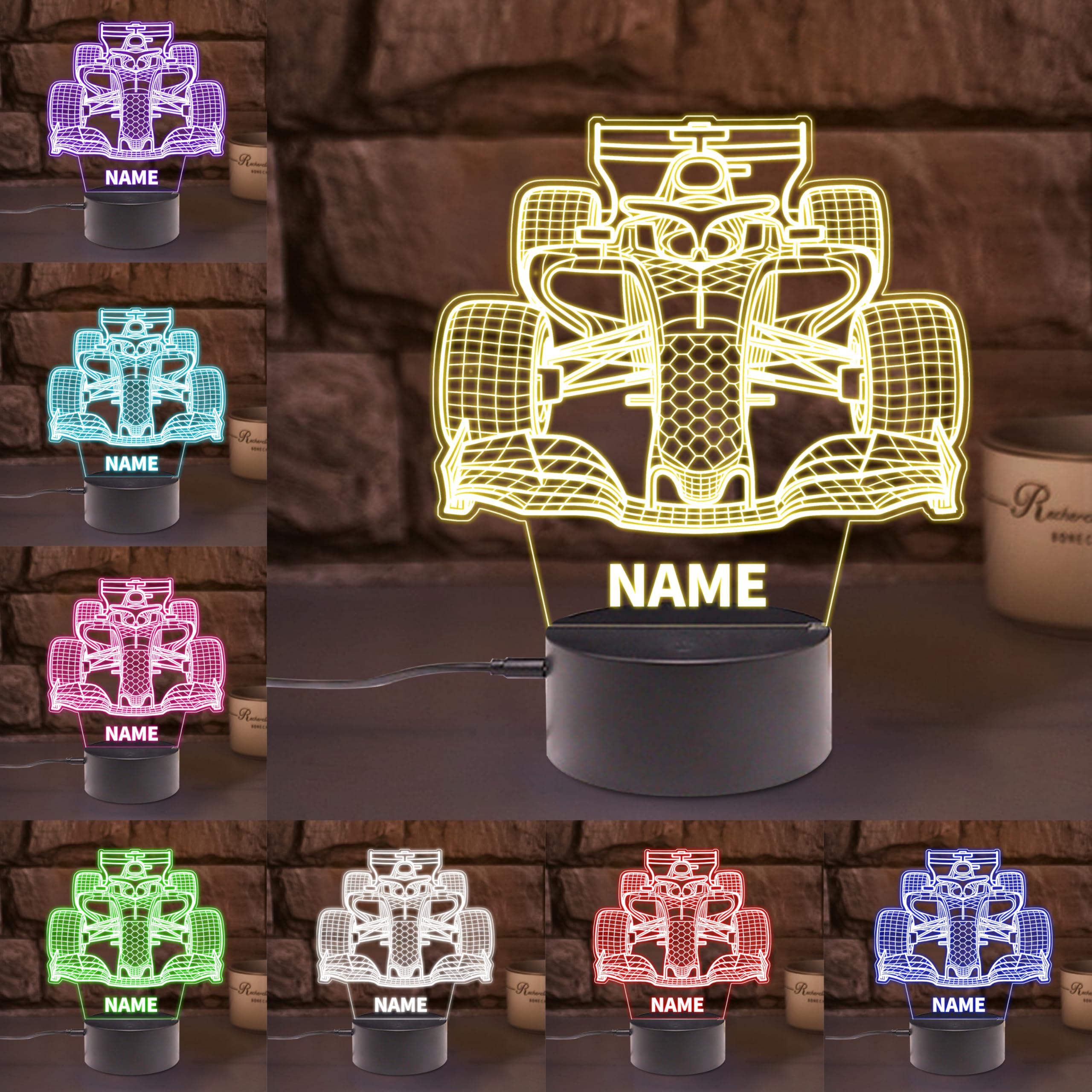 AHROZHOUIK Personalised Acrylic Racing Car Night Light Custom Name Funny Racing Cars Themed Neon Sign for Home Bedroom Decor Gifts for Family Friend Car Lovers Birthday Xmas (Style 2)