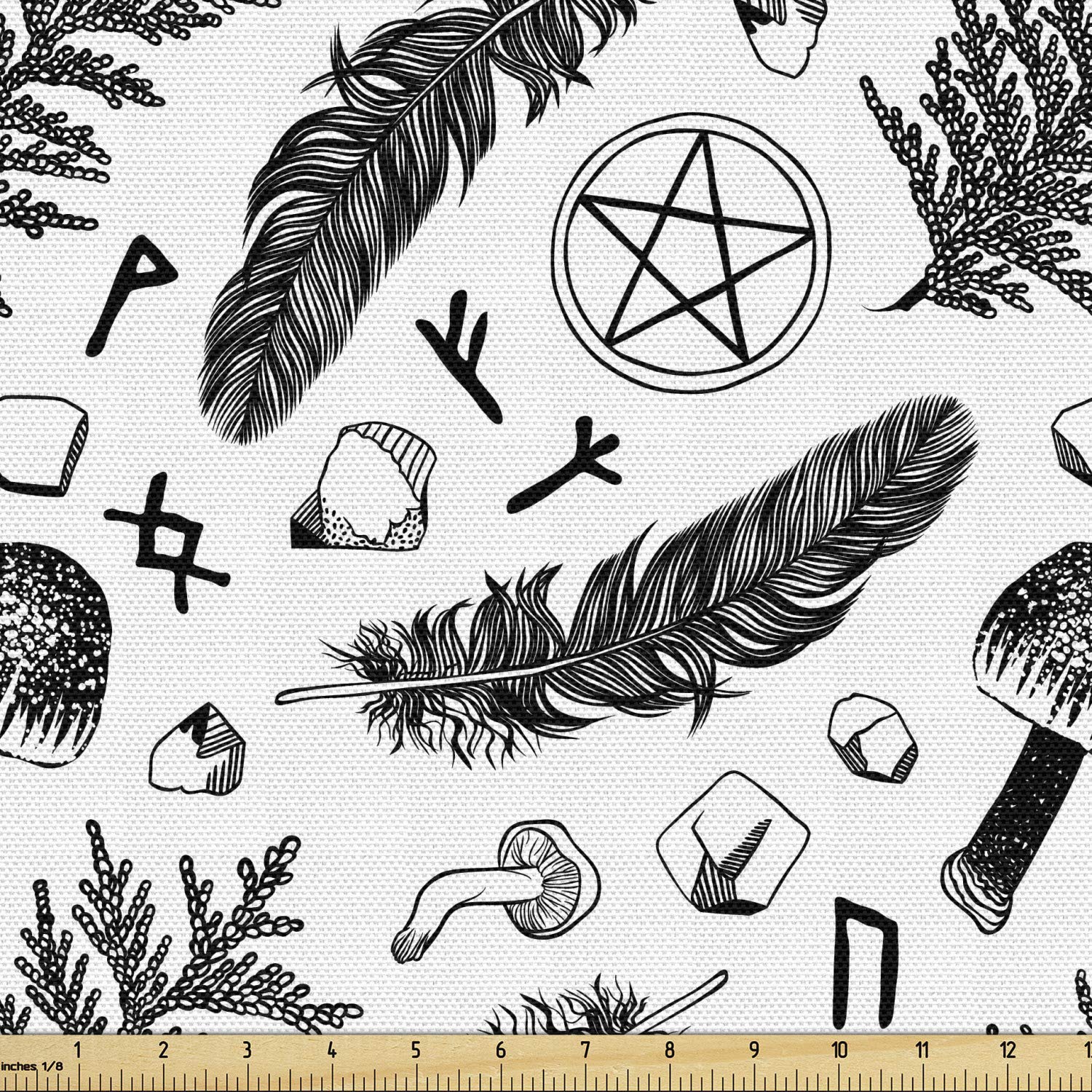 Ambesonne Bohemian Fabric by The Yard, Monochromatic Elements Composition Feather Mushroom Letters Pattern, Decorative Fabric for Upholstery and Home Accents, 1 Yard, Charcoal Grey and White