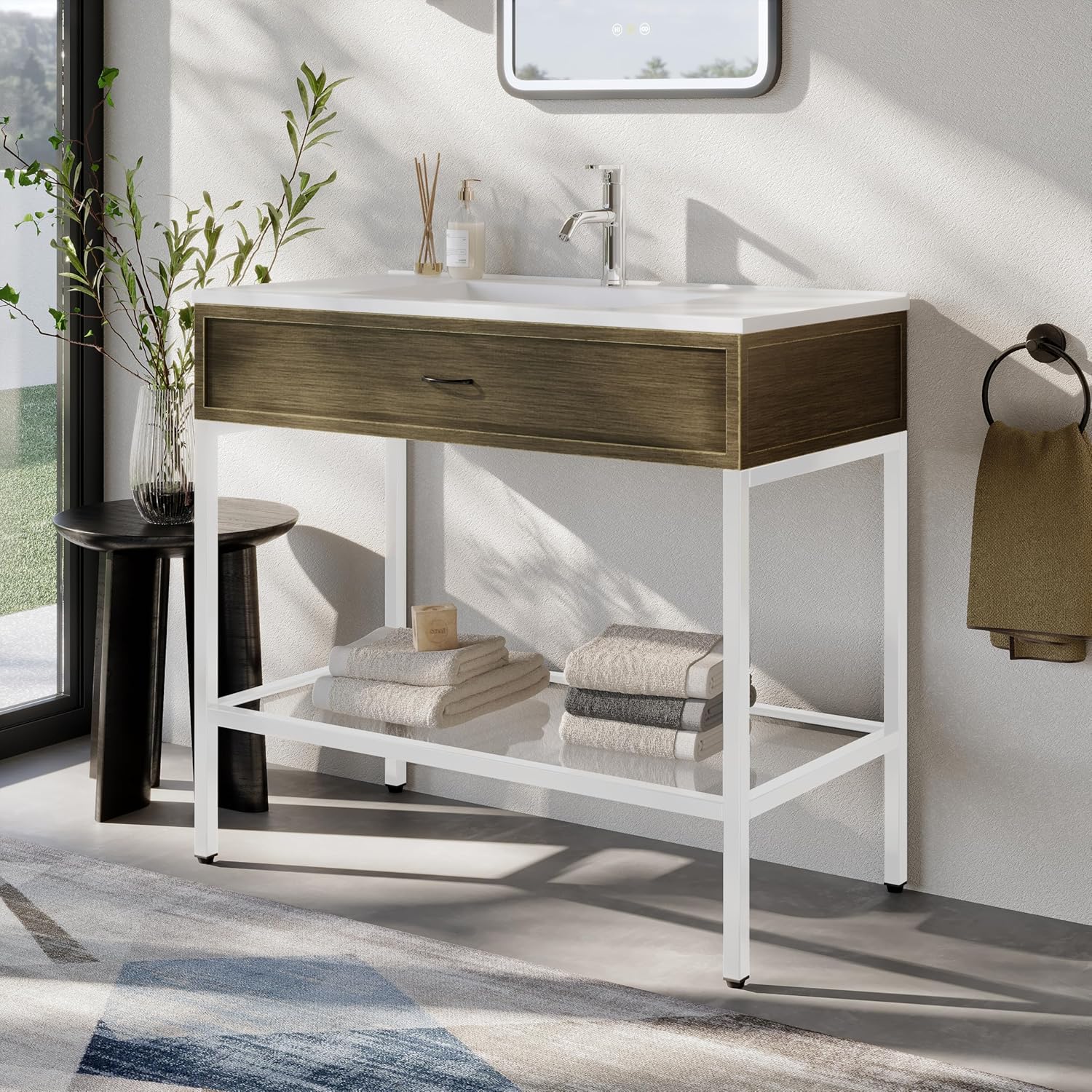 36 Inches Bathroom Vanity with Resin Sink, Modern Single Sink Cabinet with Stainless Steel Frame and Tempered Glass Shelf, Freestanding Bathroom Storage Vanity Combo for Small Spaces, White