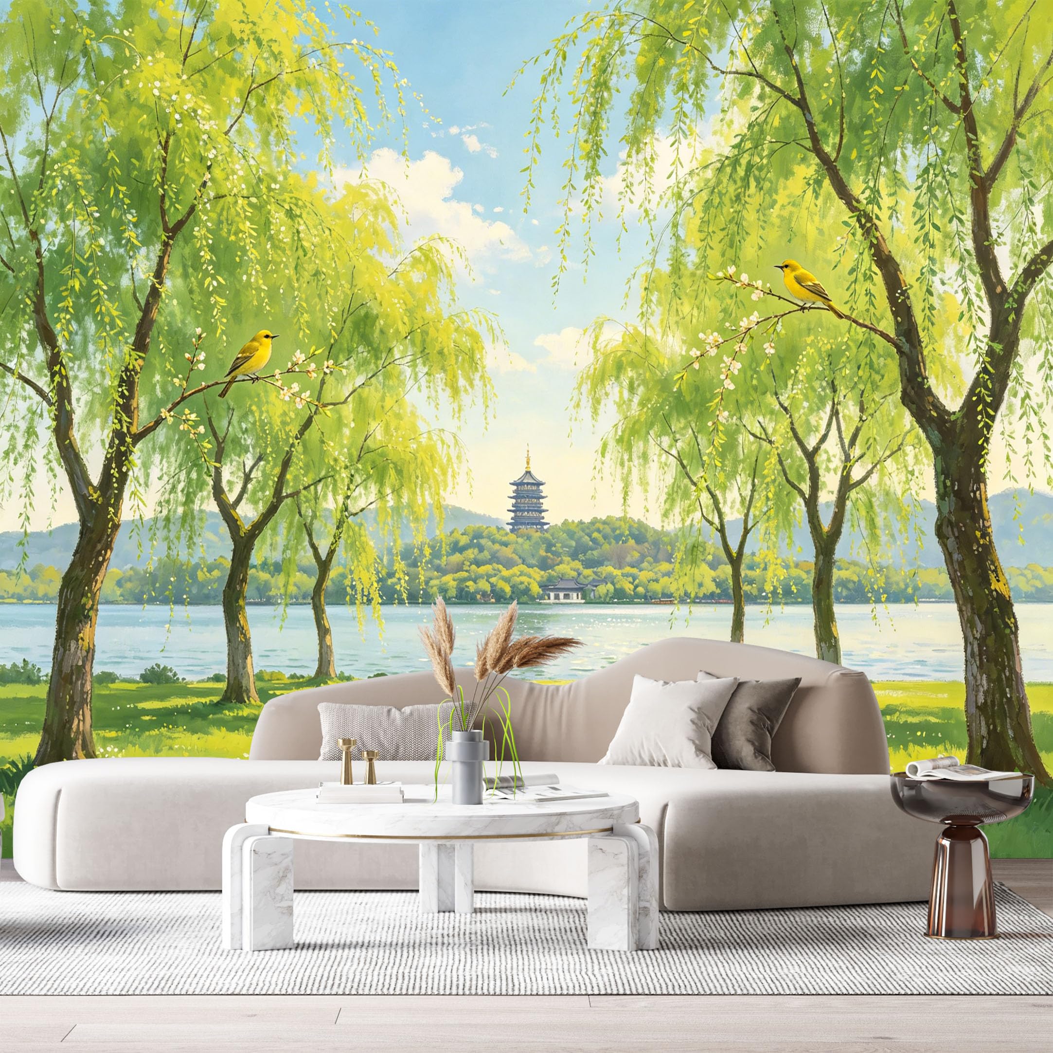 Custom Size Wall Murals Lake Landscape Watercolor Willow Trees Birds Pagoda View SelfAdhesive Wall Fabric Removable Large Wallpaper for Photo Living Room