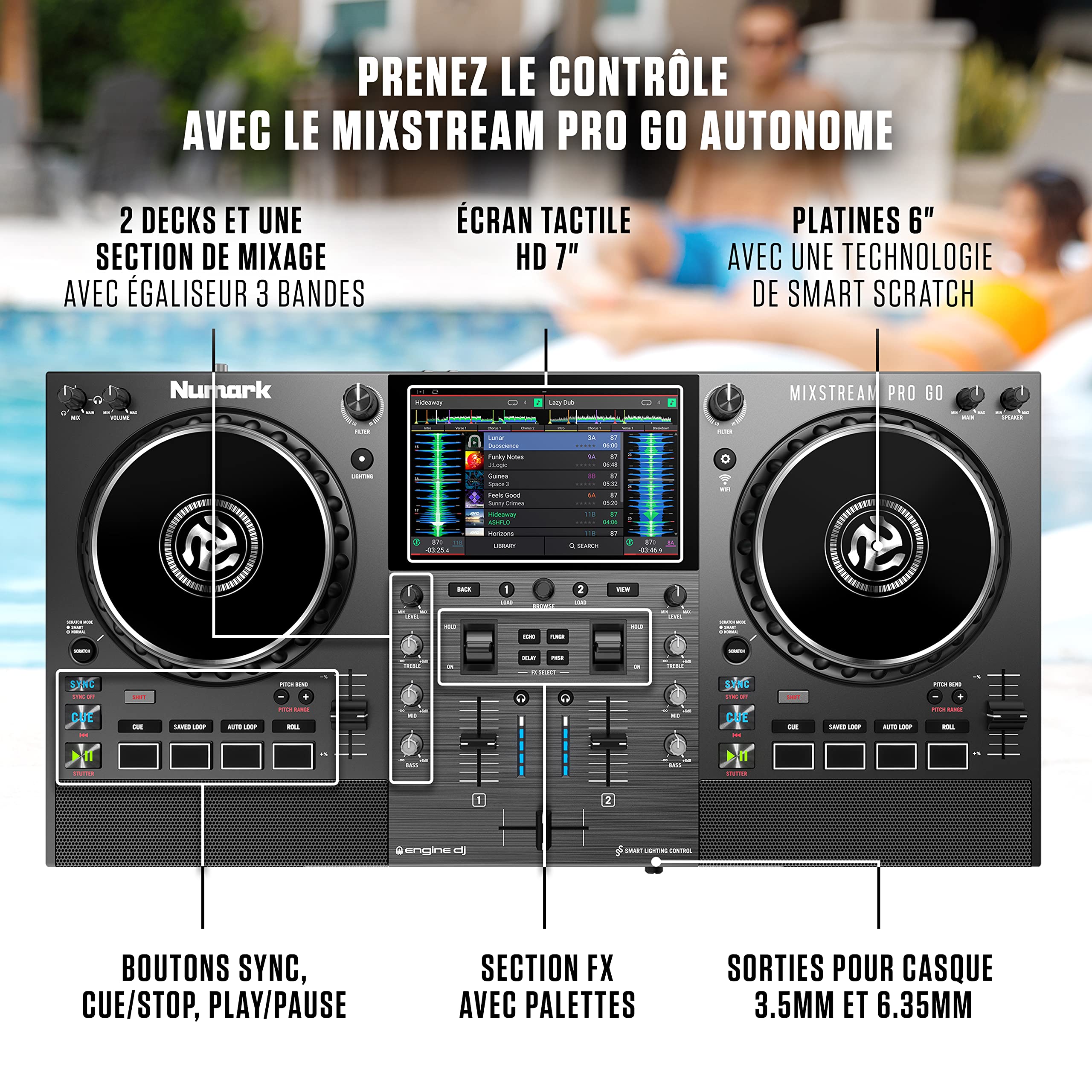 Numark Mixstream Pro Go contrôleur DJ portable à batterie, mixeur avec séparation Stems, haut-parleurs, Wi-Fi, écran tactile, compatible Serato DJ
