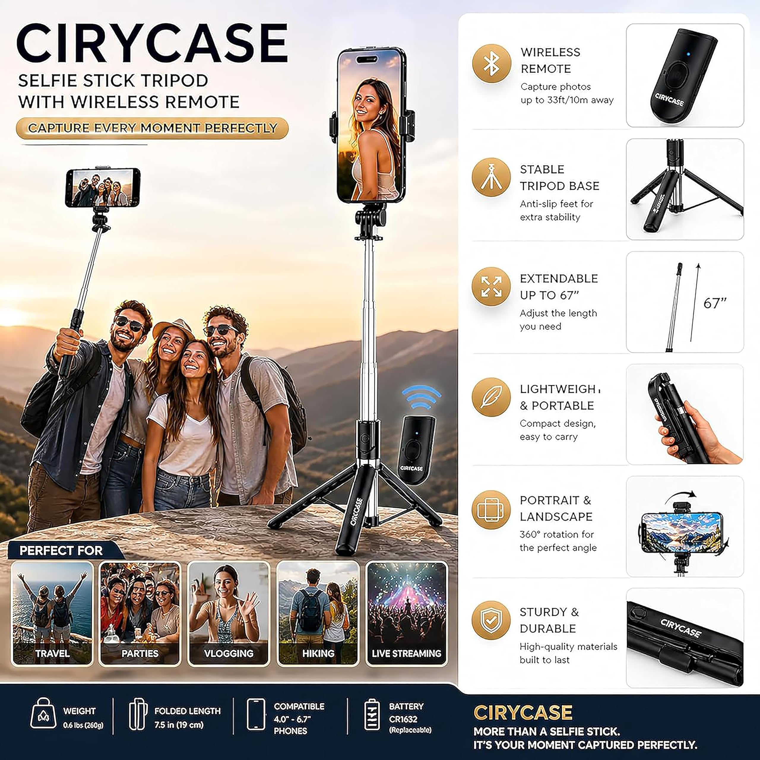 CIRYCASE® Selfie Stick Tripod, 67 inch /170CM Reinforced Tripod for Mobile Phone, Multi-Functional Bluetooth Long Selfie Stick for Travel,Vlogging,Compatible with iPhone and All Smartphones — Amazon image 5