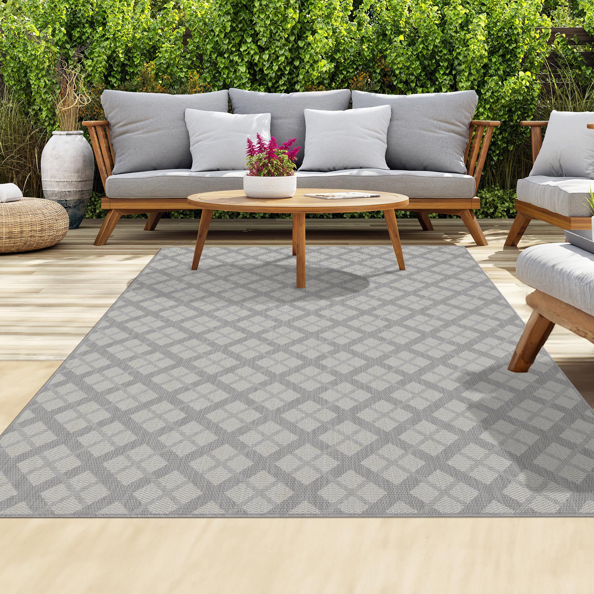 homeart Outdoor Rugs | Easy-Cleaning Indoor & Outdoor Area Rugs for Porch, Deck, Balcony, Garden, Picnic, Kitchen, Hallway | UV & Weather-Resistant Large Patio Rug Mats Grey Cream, 140 x 200 cm