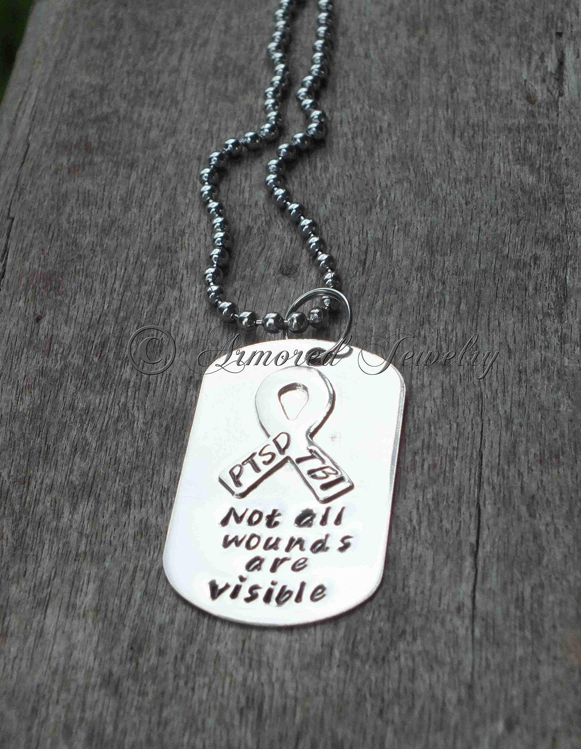 PTSD sterling silver dog tag necklace - pendant - charm - Post Traumatic Stress Disorder - Traumatic Brain Injury - Army Navy Marines Air Force Coast Guard