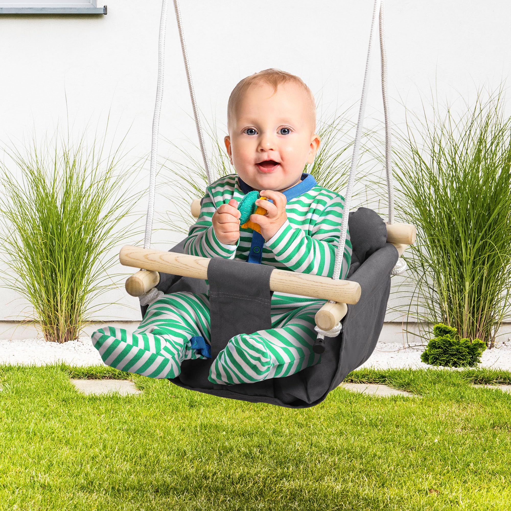 AIYAPLAY Columpio para Bebés 9-36 Meses 40x40x110-180 cm Gris Oscuro | Columpio Infantil, Asiento Acolchado, Cuerdas Ajustables, Carga 70 kg, para Interiores y Exteriores