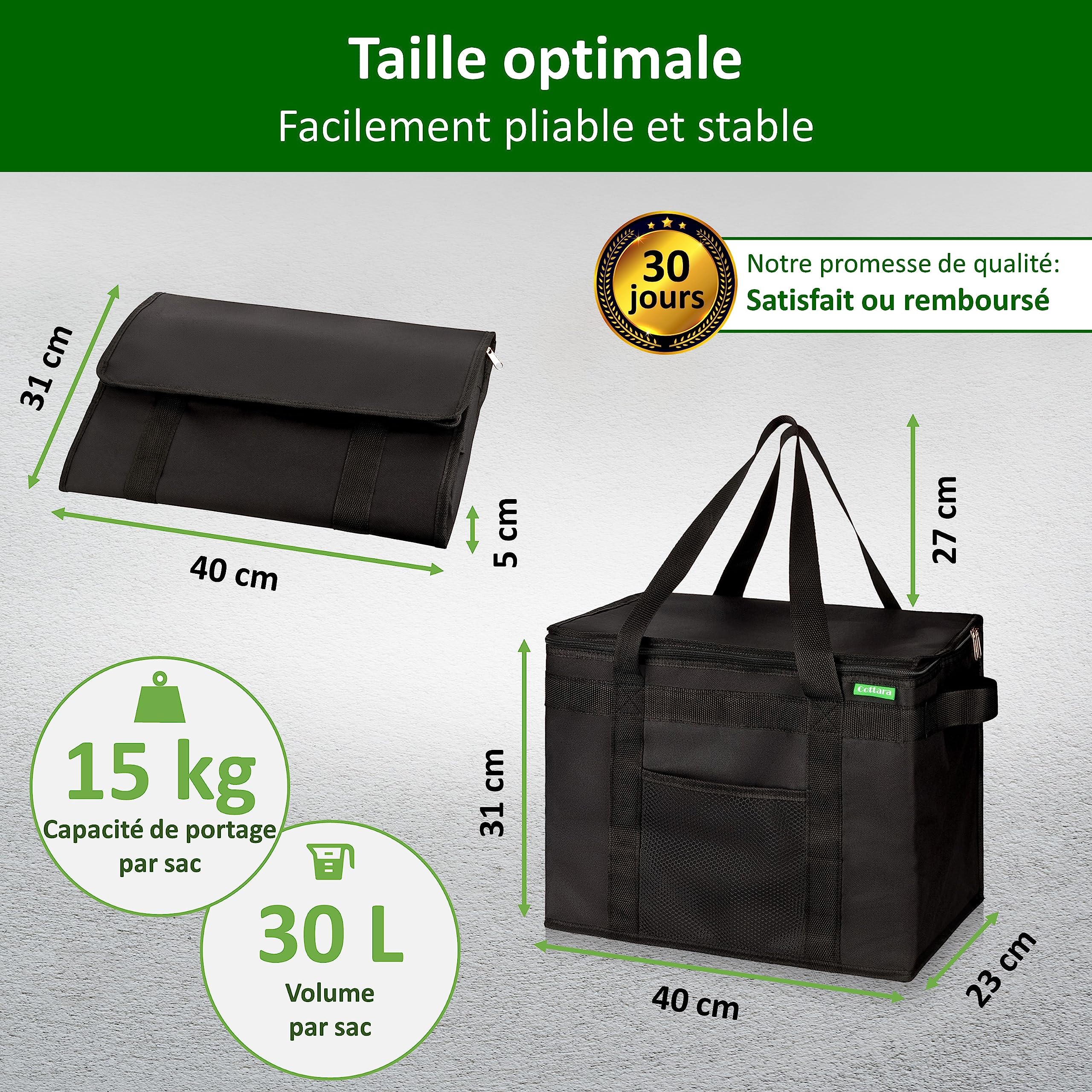 COTTARA Lot de 2 sacs isothermes pliables de qualité supérieure - Grand sac de courses avec fond renforcé - Idéal comme sac isotherme, panier de courses, sac de pique-nique - Noir 40 x 24 x 31 cm