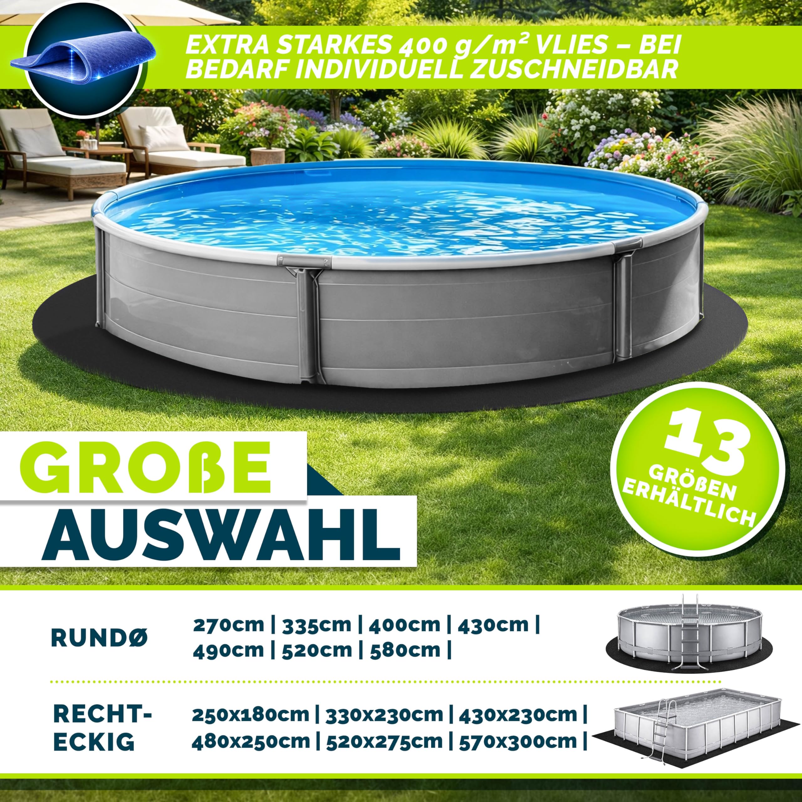 tillvex® Premium Pool Unterlage Rund 430 cm Geotextil 400g/m² | Bodenplane für Pools bis Ø 400 cm | Poolmatte zuschneidbar Bodenschutzvlies Schwimmbecken | Reißfeste Poolunterlage Bodenschutzmatte