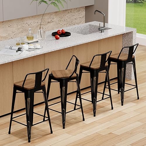 Miniatura 2 de Juego de 4 taburetes de bar de 26 pulgadas, taburetes de bar giratorios de metal con pintura dorada y respaldo, color negro