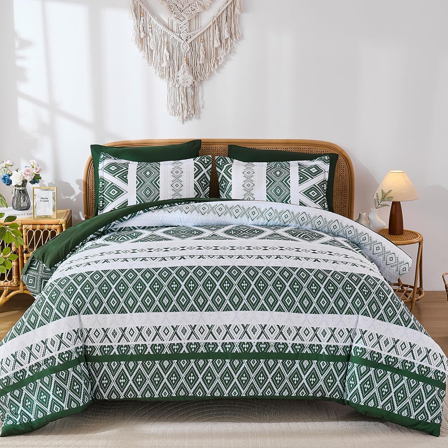 Luxudecor Green Comforter Set Queen Size 7 Pieces,Boho Aztec Comforter with Sheet Set,Geometric Striped Pattern Bed in a Bag,Soft Microfiber Bed Set 90"x90" - Image 2
