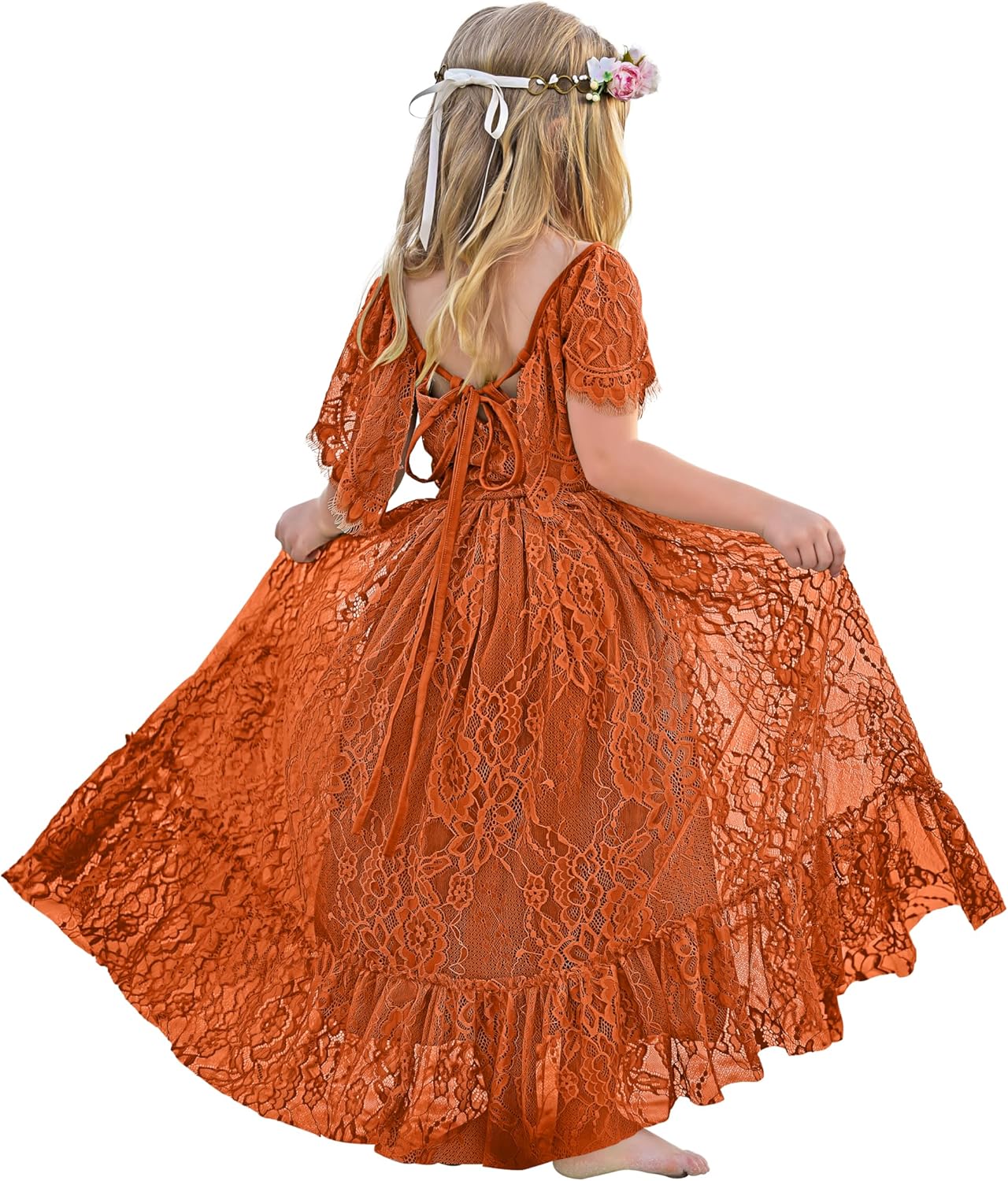 LalaMira Flower Girl Dress Lace Boho Toddler Dresses Backless Ruffle Maxi Girl Dress for Wedding Holiday Beach Party