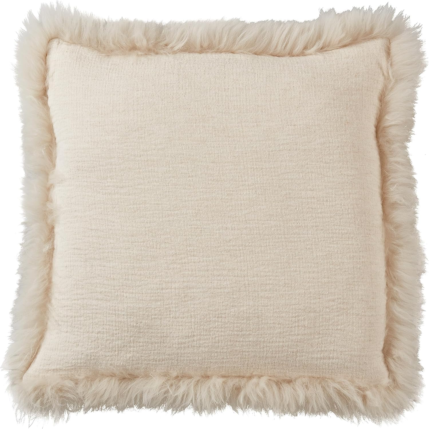 saro lifestyle luxe linen poly filled throw pillow with plush lamb fur border natural 20"