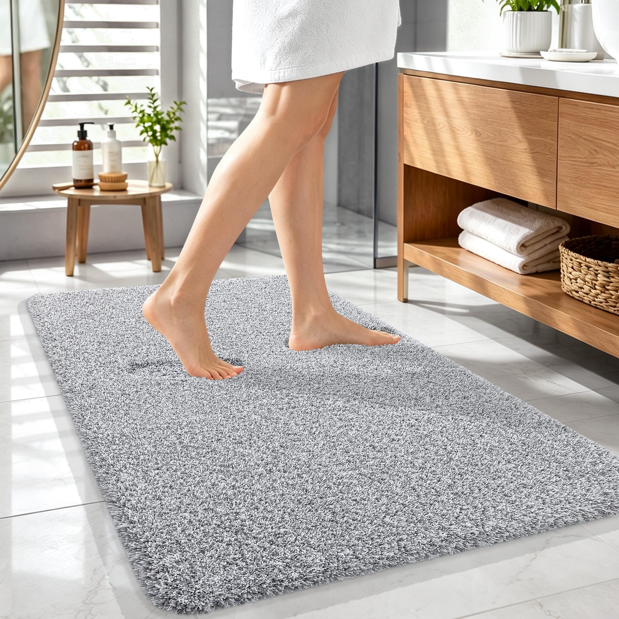 OLANLY Microfiber Bathroom Rugs 44x32, Quick Dry Bath Mat, Grey and White