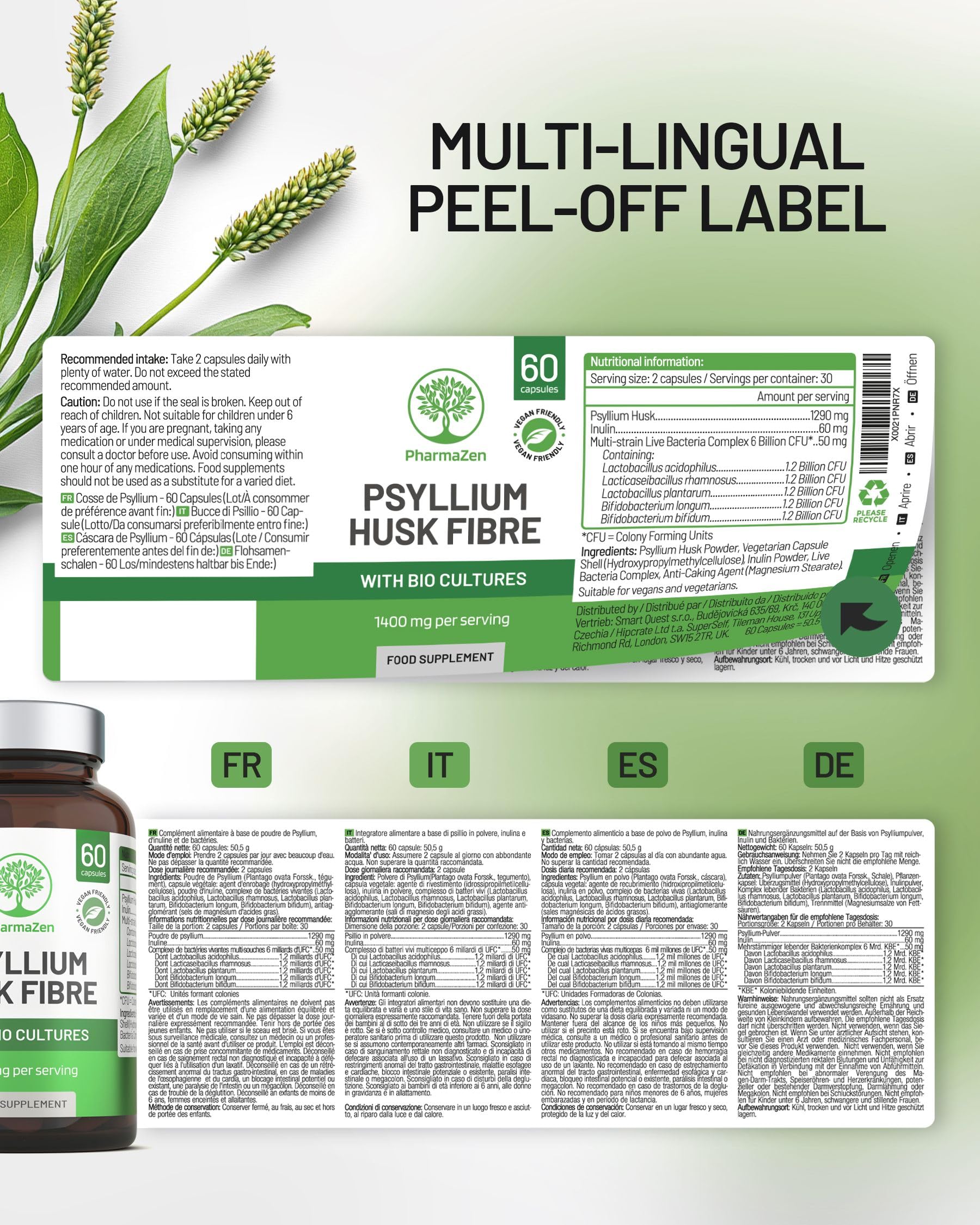 Psyllium Blond avec Probiotiques 1400 mg - Téguments purs à 99% - 60 gélules - Transit, Digestion, Fonction Intestinale - Fibres alimentaires avec Psyllium Husk & Complexe Probiotique 6 Milliards