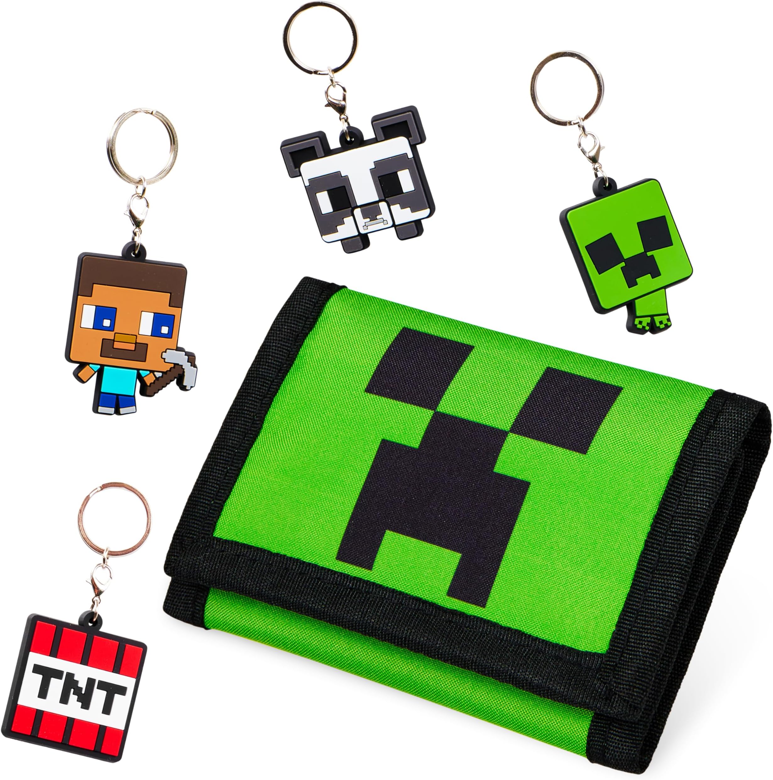 Minecraft Boys Wallets for Kids with Card Slots Boys Wallet with Zip Coin Pocket Creeper Keyrings for Kids Gamer Accessories Gift Set Gaming Gifts for Boys