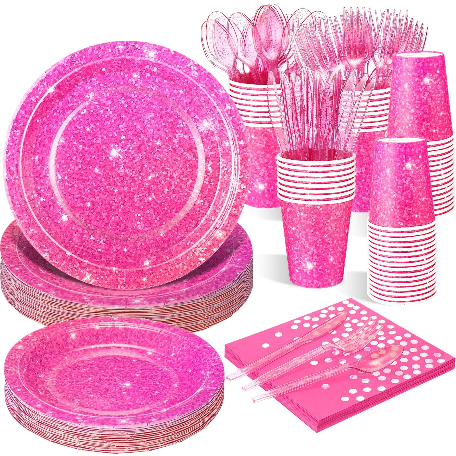 Hushee 175 Pcs Hot Pink Holographic Print Party Supplies Guests Disposable Dinnerware Set Include Paper Plates, Napkins, Cups, Plastic Cutlery for