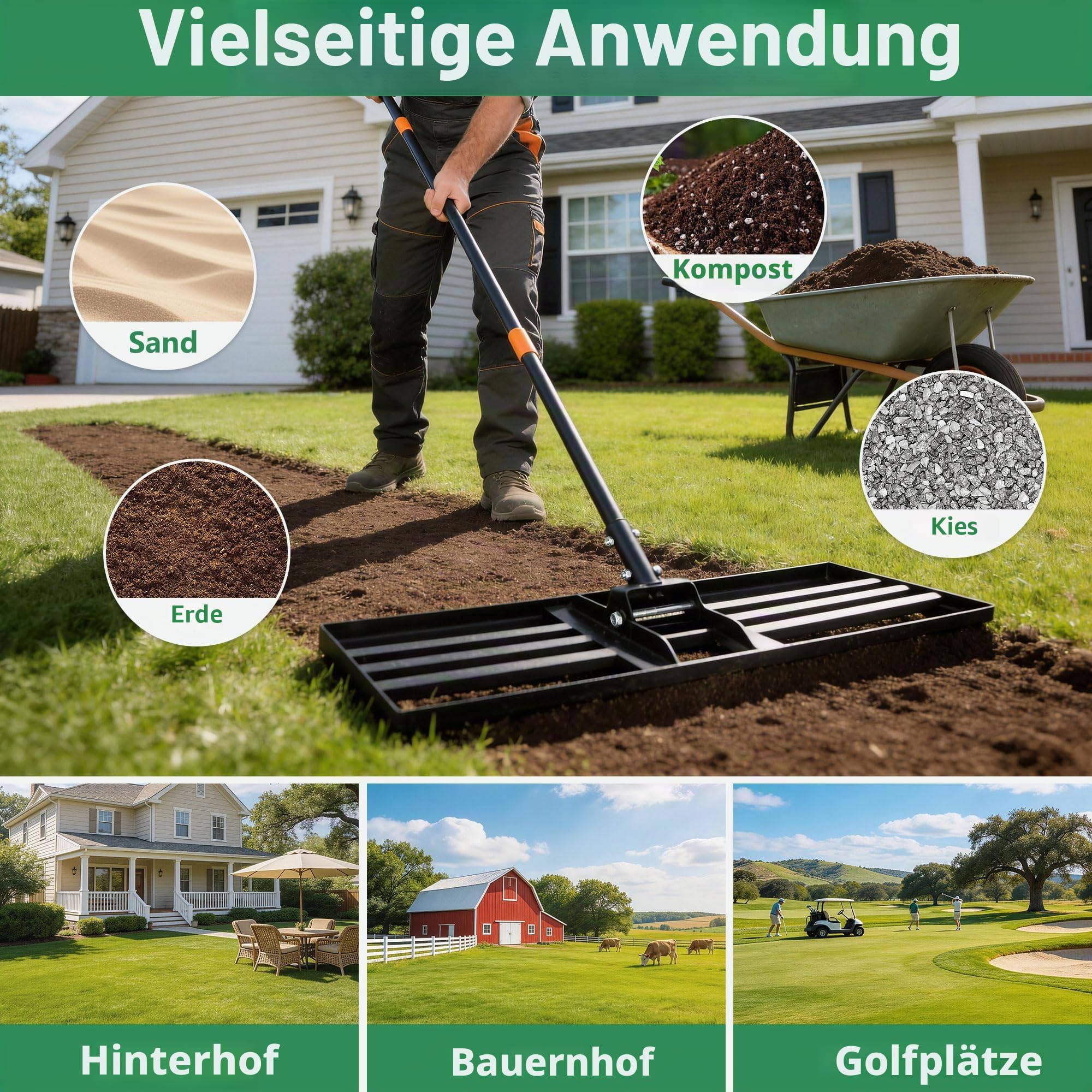 ORIENTOOLS Edelstahl Nivellierrechen 75x25 cm 206 cm verstellbarer Stiel