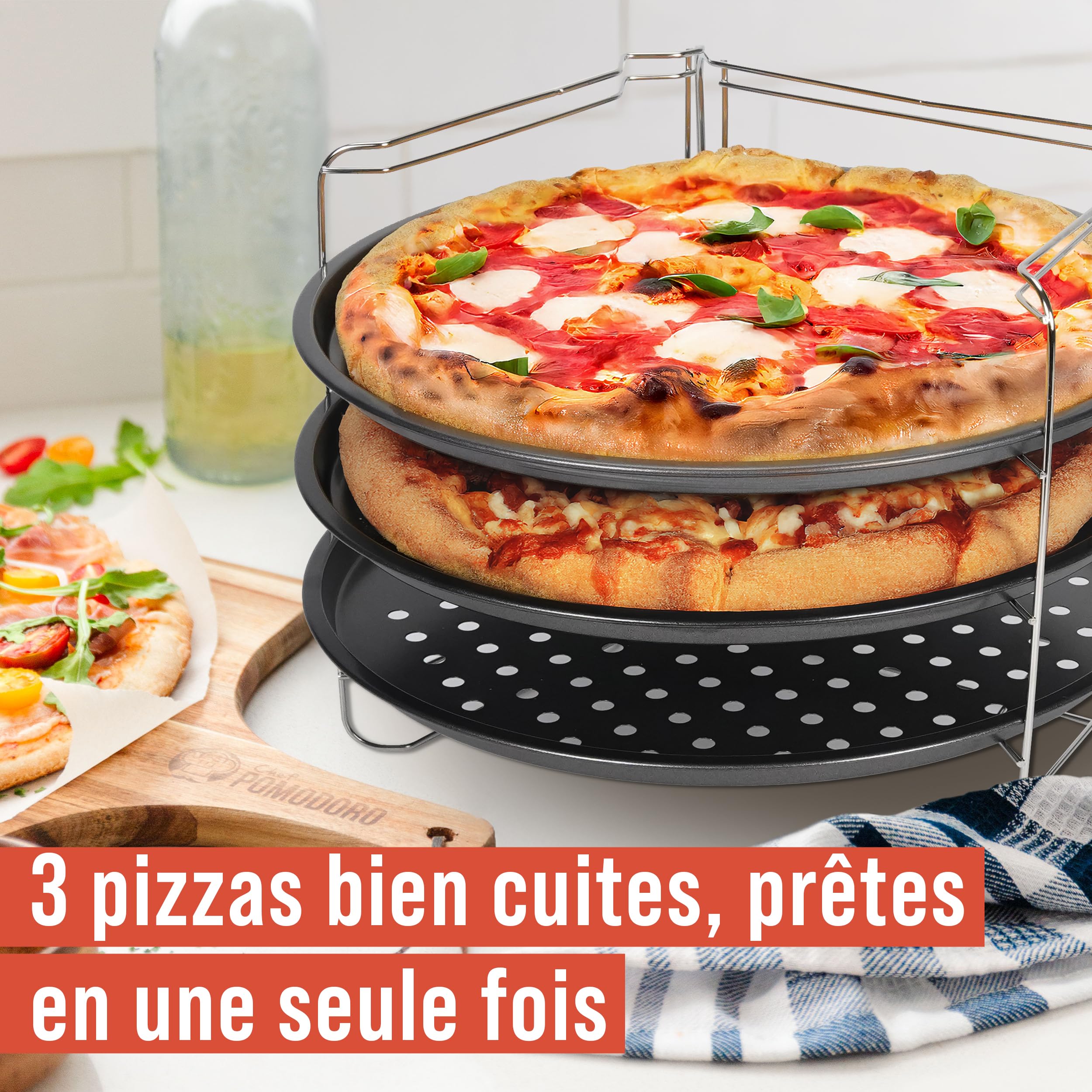 Chef Pomodoro Plaques à Pizza Antiadhésifs - Ensemble De Cuisson à Pizza Avec 3 Poêlles à Pizza Et 1 Grille de Support Pizza Four - Assiette Pizza Inox Pour Four, Grill, Barbecue (33 cm)
