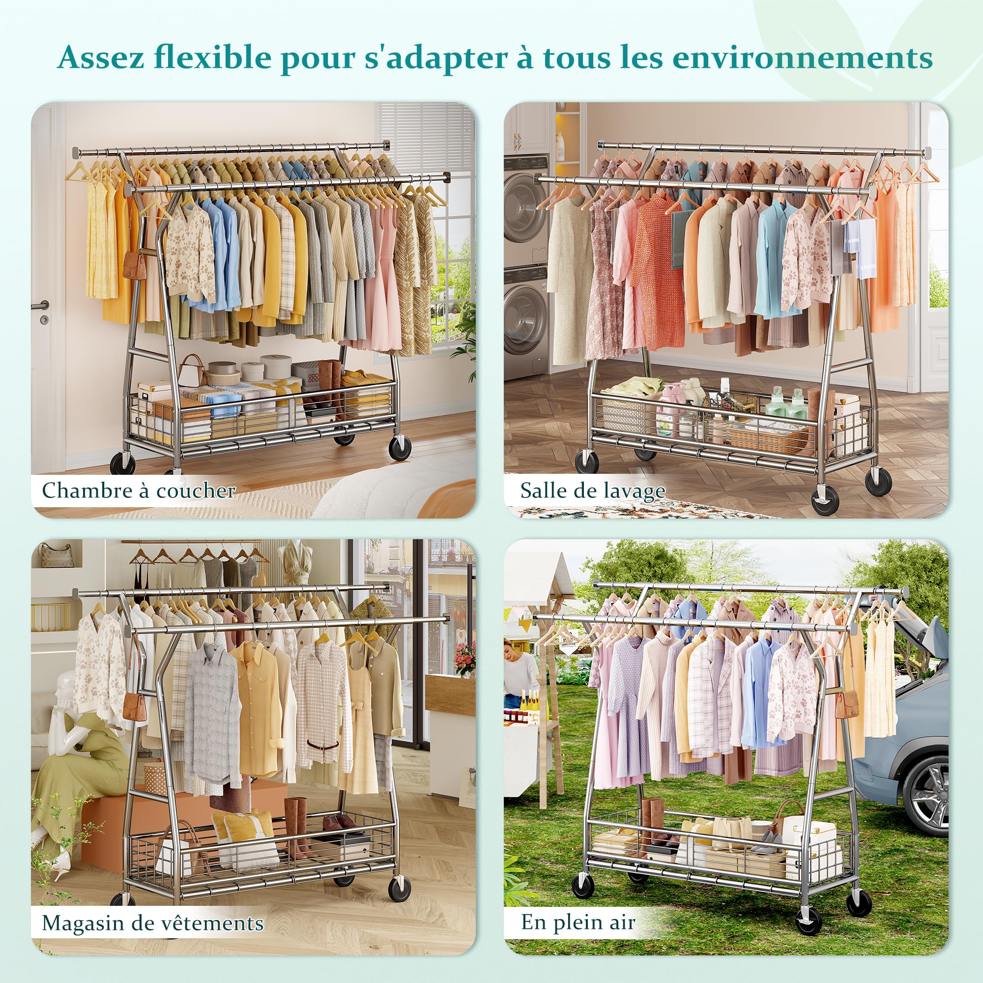Portant à Vêtements Solide à Roulettes avec Panier, charge 200KG
