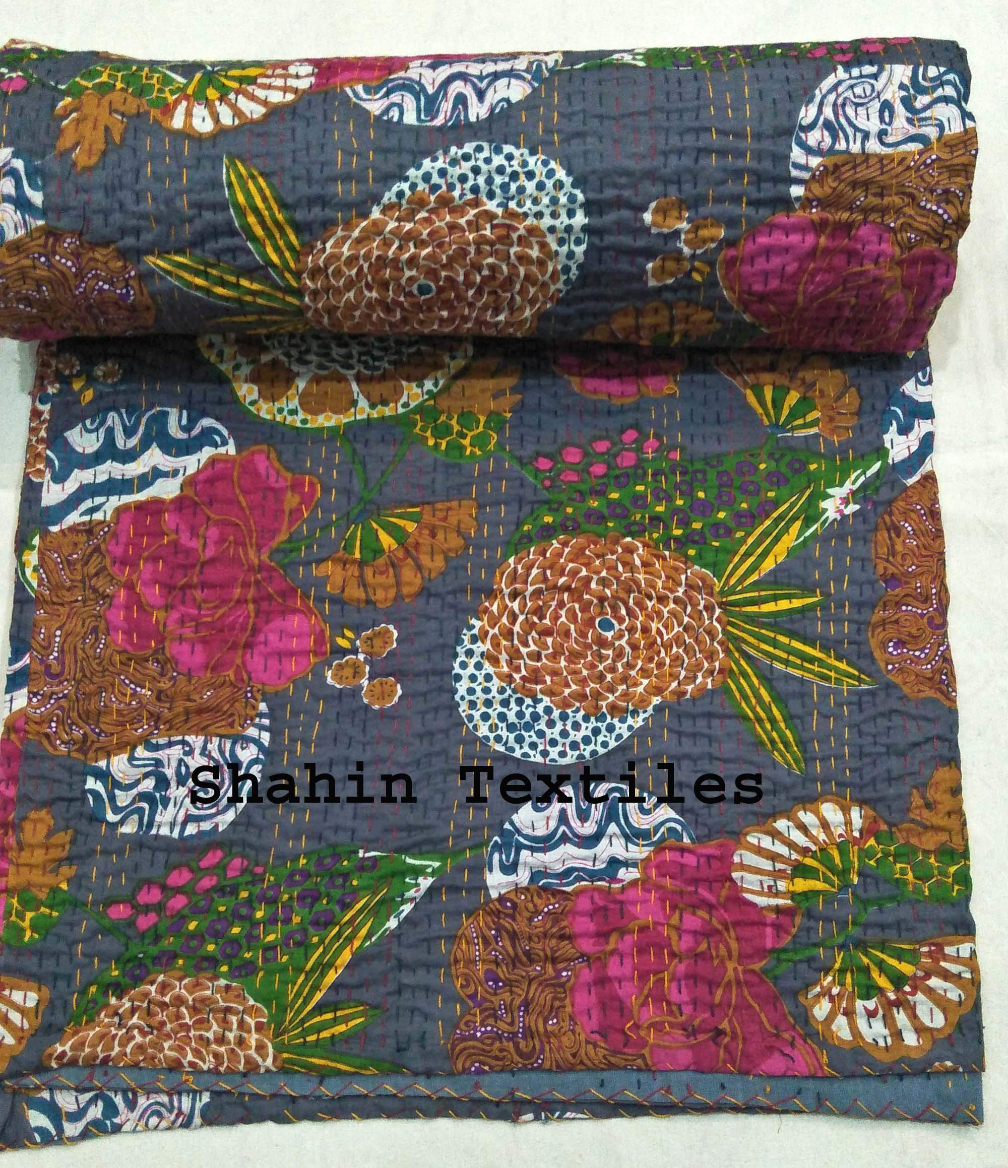 TI AMO Handmade Multi Color Printed Kantha Quilt 60x90 Inch Kantha Coverlet Throw Kantha Gudari-image-44