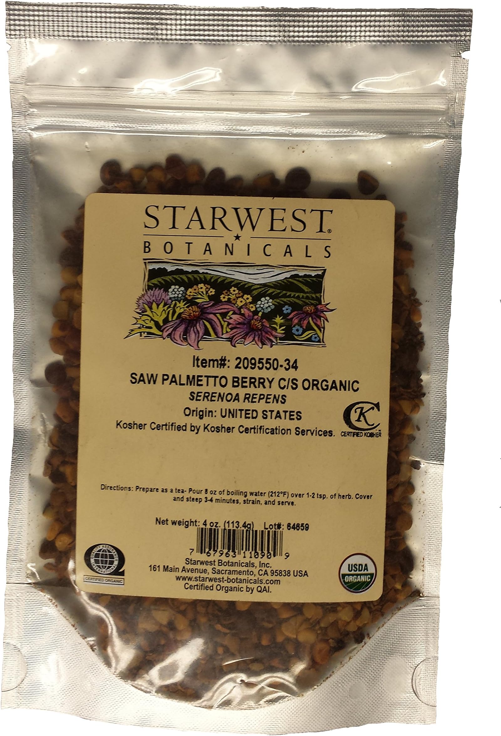 Starwest Botanicals Saw Palmetto Berry Cut & Sifted Organic -Serenoa Repens- 4oz