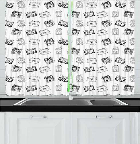 Ambesonne Vintage Kitchen Curtains, Retro Style Cameras Scattered on a Plain Background Drawn by Pencil, Window Drapes 2 Panel Set for Kitchen Cafe
