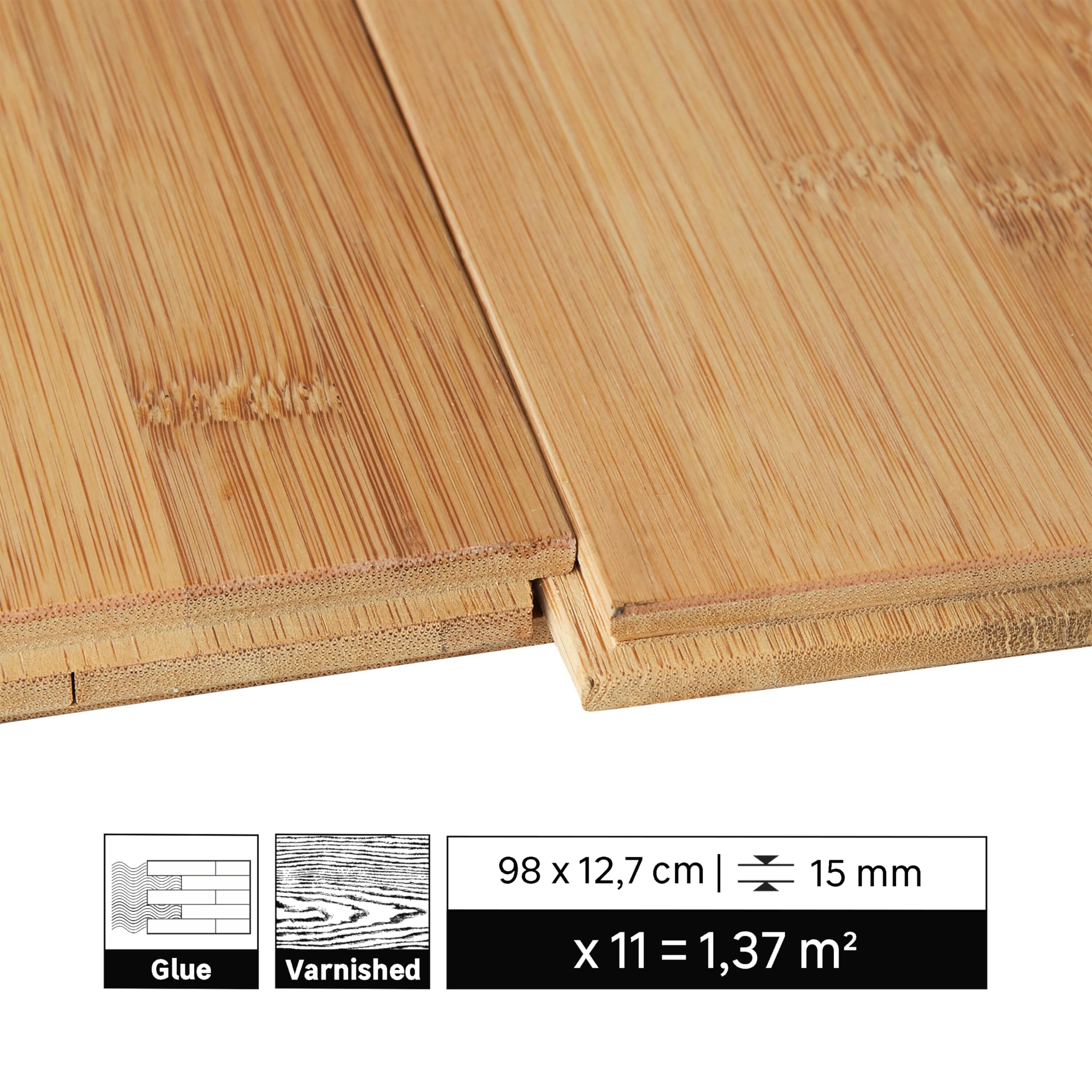 ARTENS - Parkettboden Bali - Versiegeltes massives Bambusparkett zum Kleben - Intenso - Natürliches Holz - Beige - L.98 cm x B.12,7 cm - Dicke 15 mm - 1,37 m²/ 11 Dielen - Belastungsklasse 21