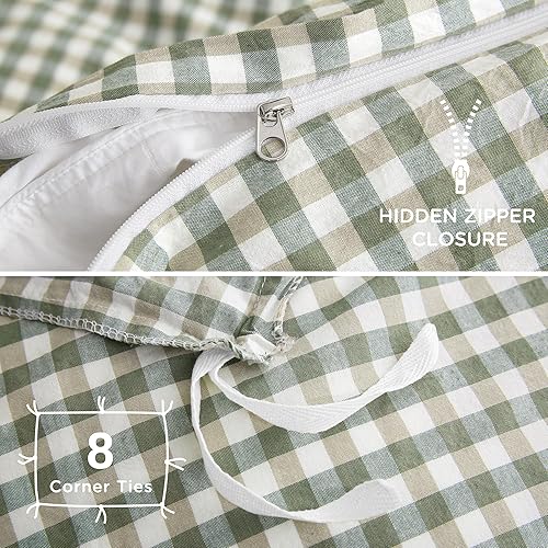 Miniatura 6 de TOCOMOA Green Gingham Duvet Cover Bedding Set 100% Washed Cotton Like Linen Feel Super Soft Comfortable 3 Piece Vintage Plaid Checkered Comforter