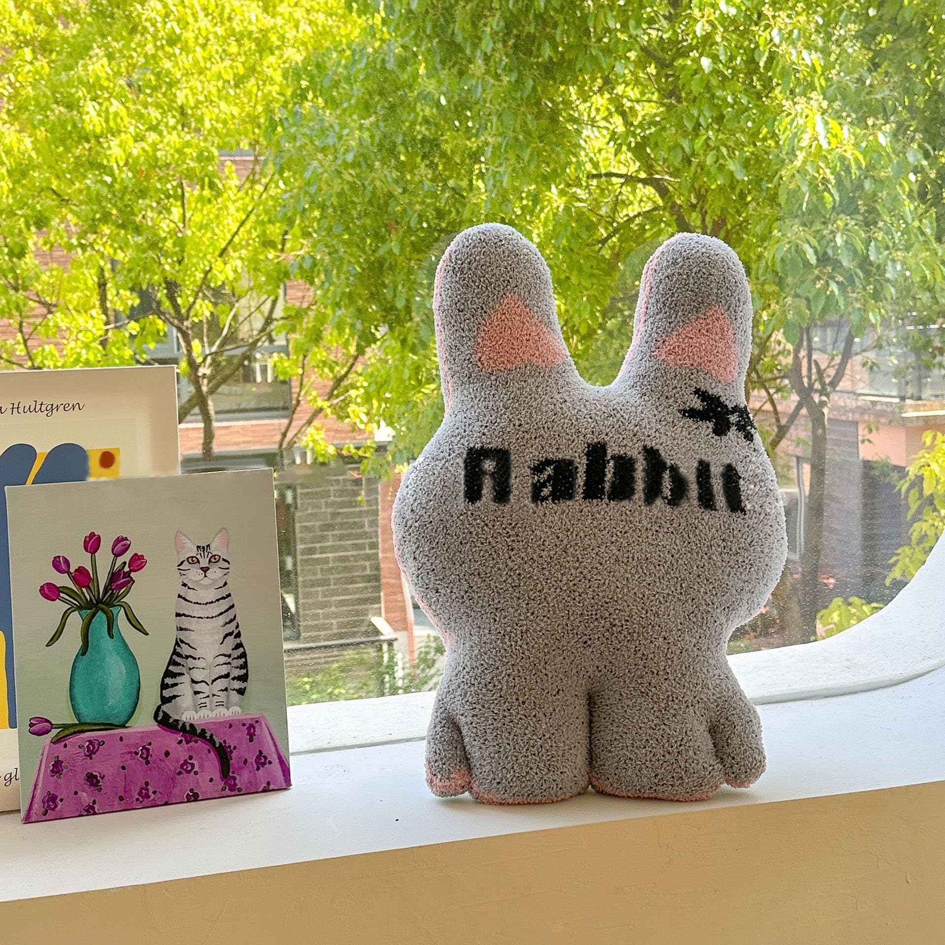 bLwhzfi Home Fuzzy Bunny Shaped Pillow Rabbit Letter Print Happy Easter Plush Soft Stuffed Throw Pillow for Autumn Winter Couch Sofa Bed Chair Decor (Light Gray)