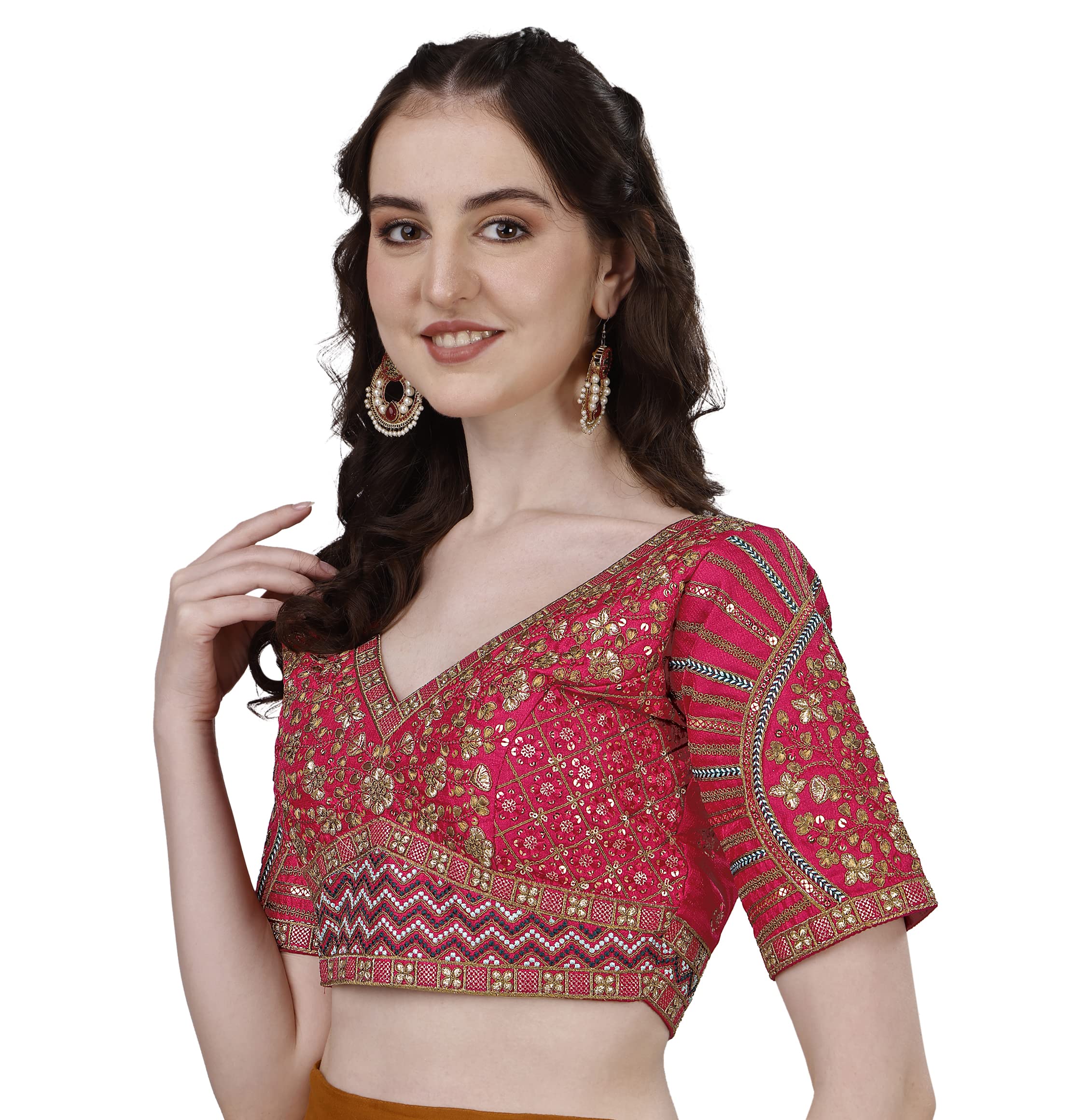 Pujia Mills Mills Women's Fancy Readymade Heavy Coding Embroidary Worked Half Sleeve Multicolor Saree Blouse(Mushroom) (Rani, 40)