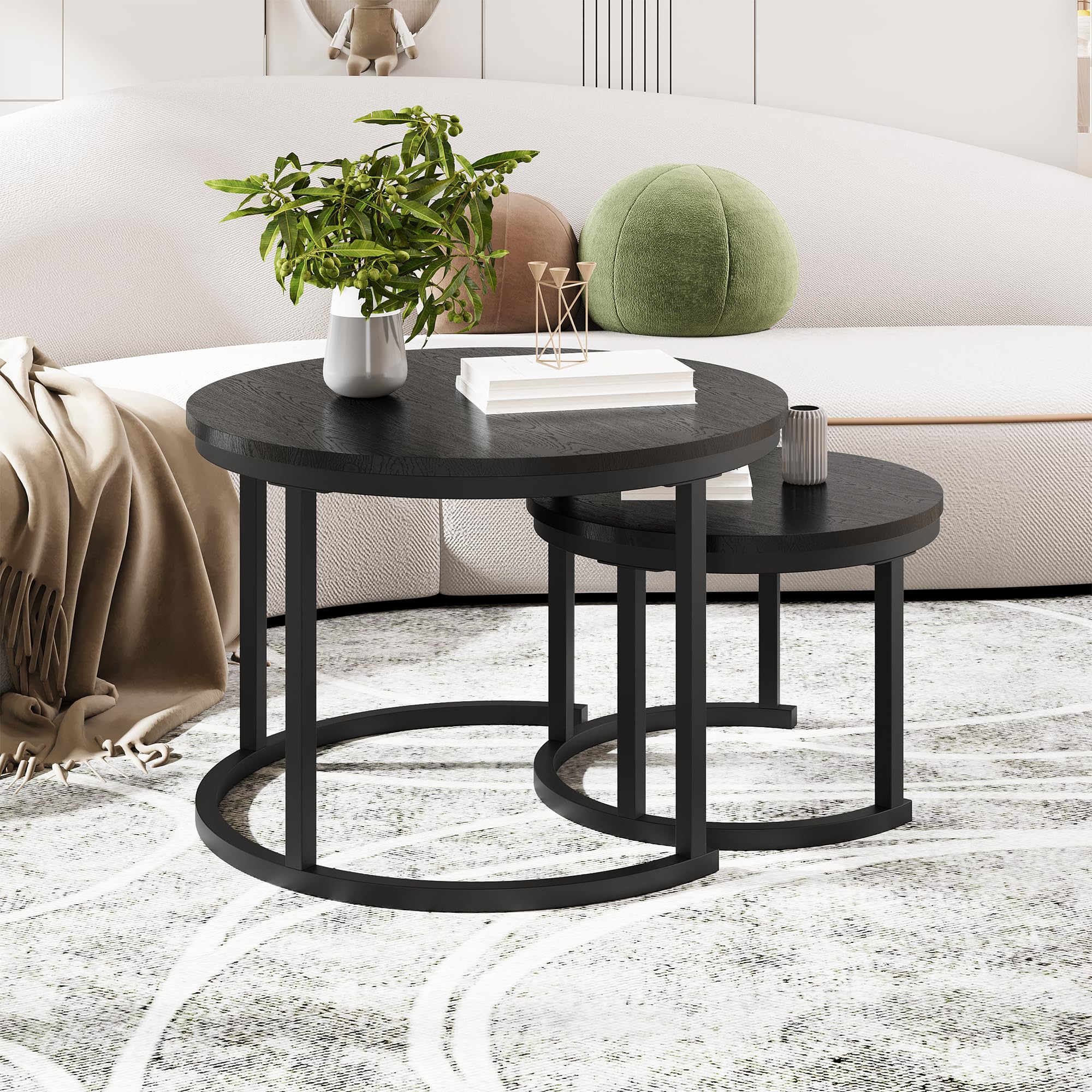 HOMERECOMMEND Tavolino rotondo, set da 2 pezzi, tavolino da salotto in legno, moderno, con struttura in metallo, per soggiorno, balcone, nero