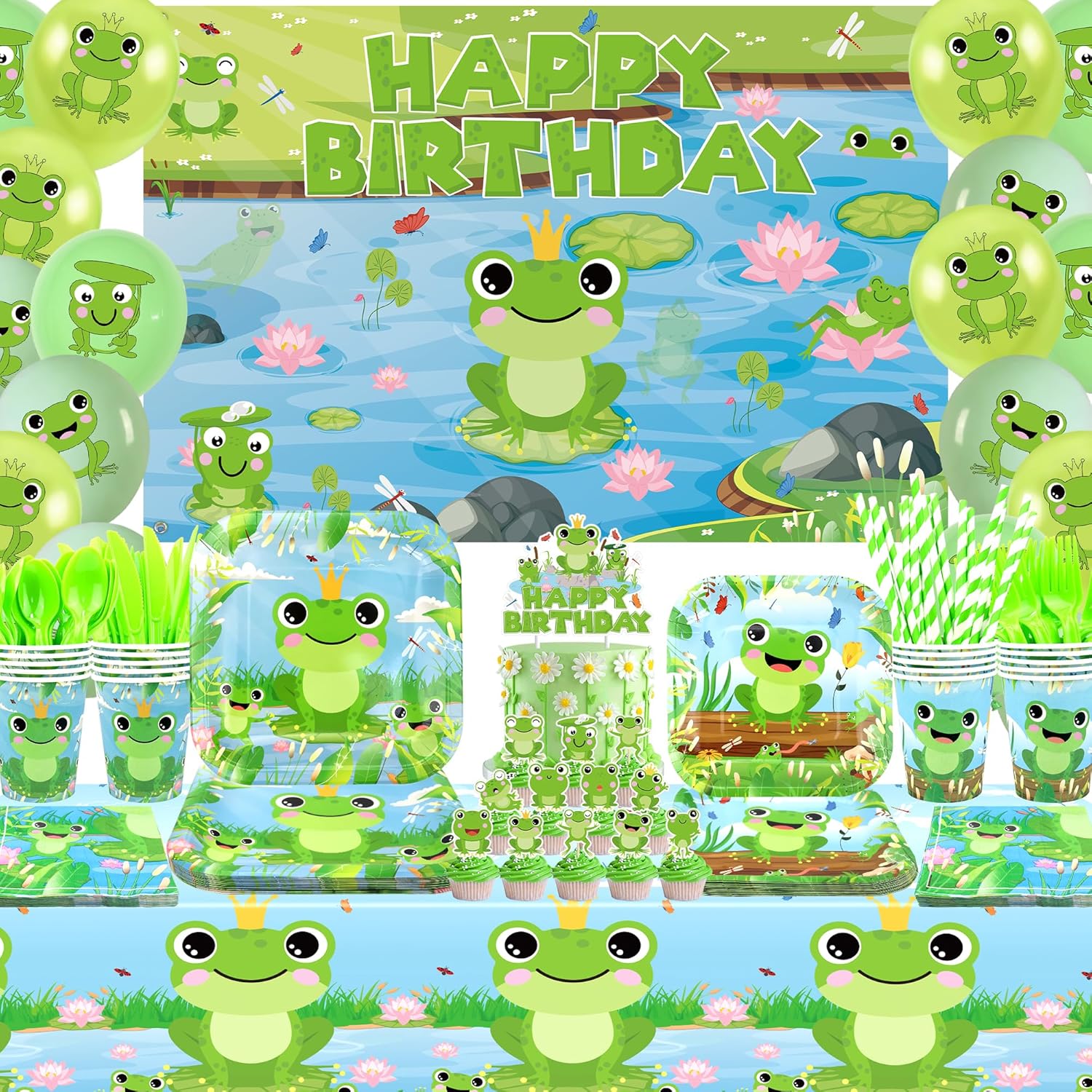 Frog Birthday Party Decorations - Frog Party Supplies including Backdrop, Plate, Cake Topper, Cup, Napkin, Balloon, Tablecloth for Frog Party Decoration - Serves 20 (C)