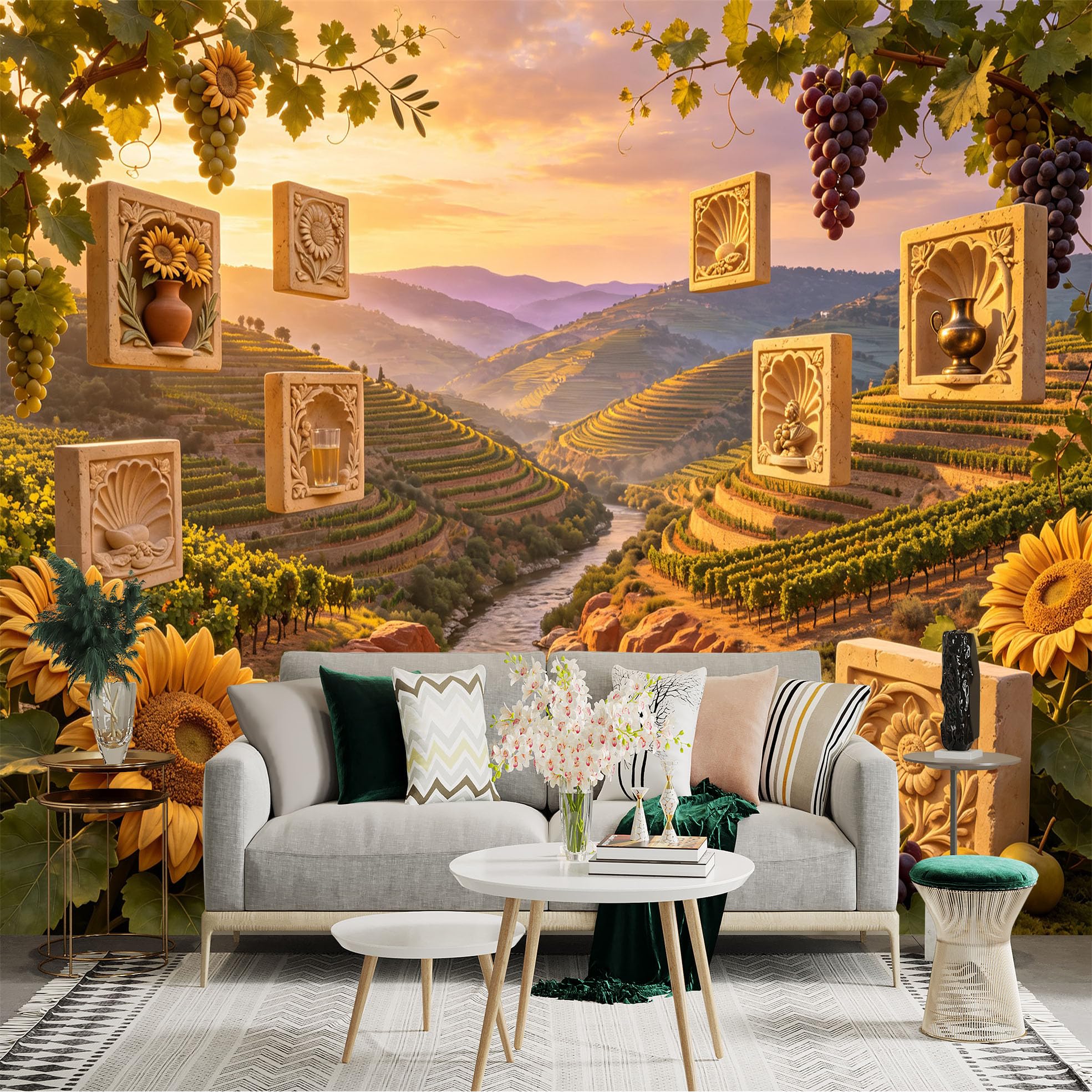 Lnzczhyre Bh260719759 Custom Size Wall Sticker Mural， Tuscan Vineyard Landscape With Sunflowers， Grapes And Stone Relief Frames， For Wall Decoration， Peelandstick Wall Decals.