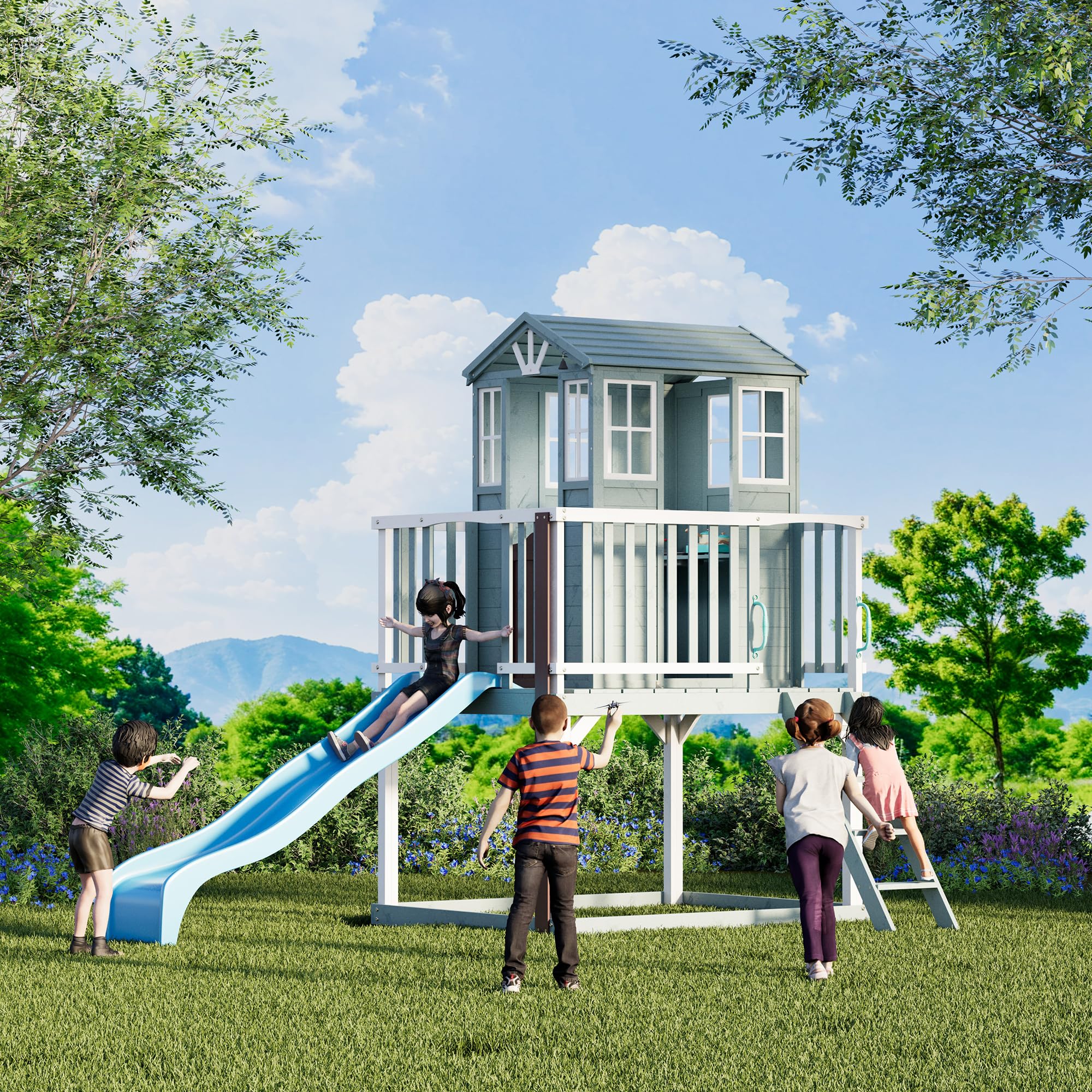 Kids Outdoor Playhouse, Cedar Wooden Outdoor Play House with Growth  Chart,Interactive Play Kitchen,Wave Slide,Installation Manual and Videos