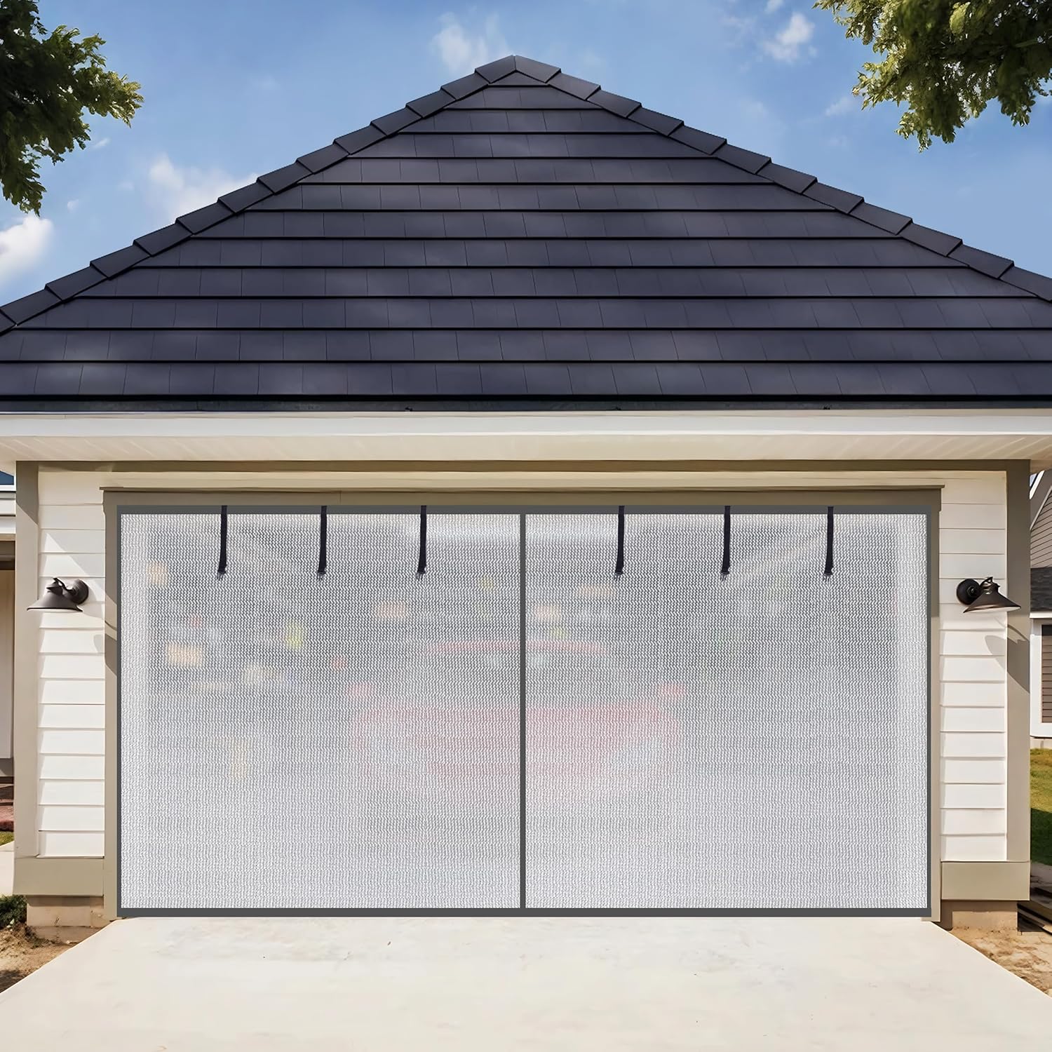 HBlife Privacy Garage Door Screen for 2 Car Garage, 16x7FT Heavy Duty Magnetic Garage Screen Door Mesh, Hands Free Retractable Garage Net Screen with 6 Roll Up Starps and 26 Magnets, Silver Grey