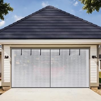 HBlife Privacy Garage Door Screen for 2 Car Garage, 16x7FT Heavy Duty Magnetic Garage Screen Door Mesh, Hands Free Retractable Garage Net Screen with 6 Roll Up Starps and 26 Magnets, Silver Grey