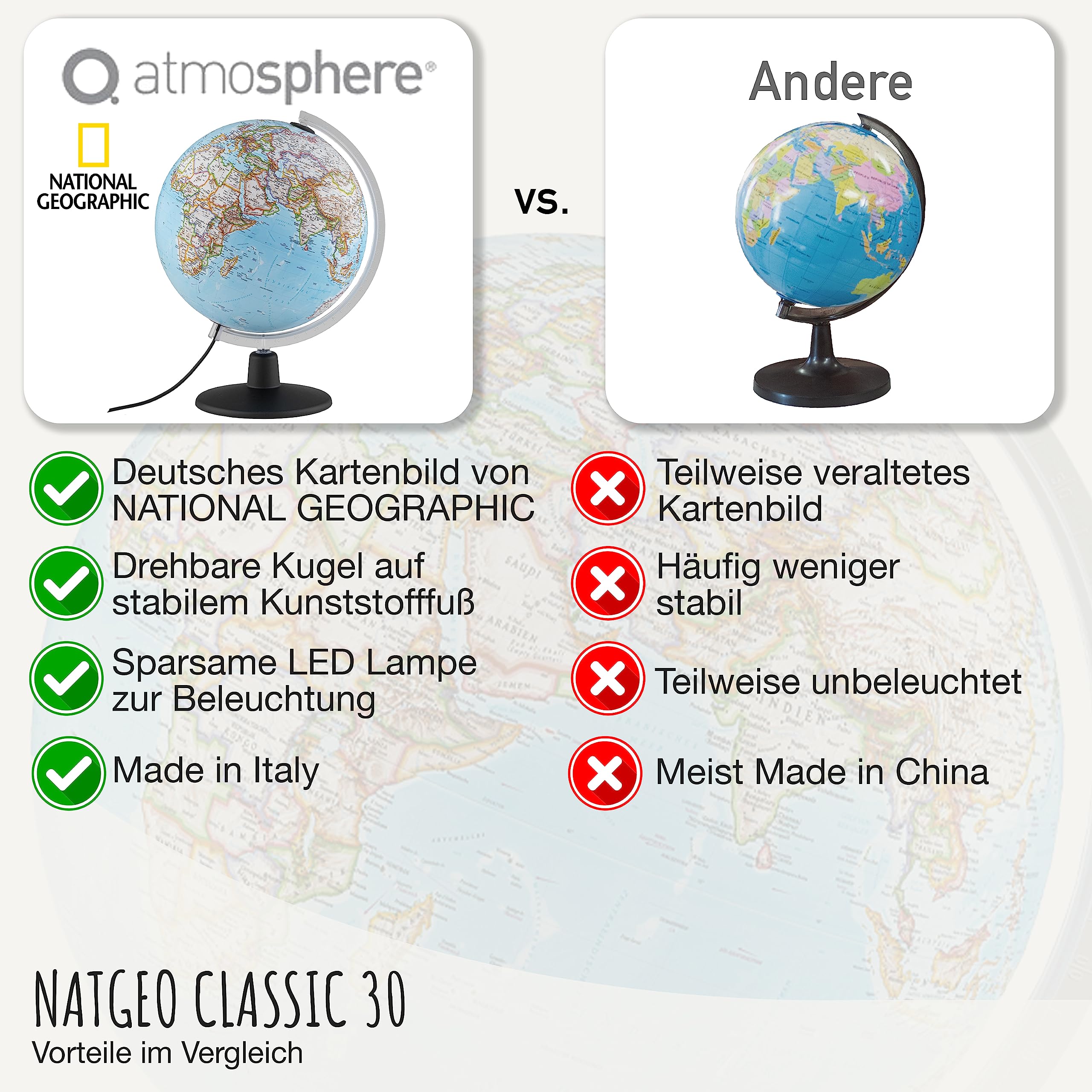 National Geographic NATGEO Classic Leuchtglobus - 30 cm Globus mit politisch-physischer Kartografie in deutscher Sprache, beleuchtet und mit drehbaren Kunststofffuß