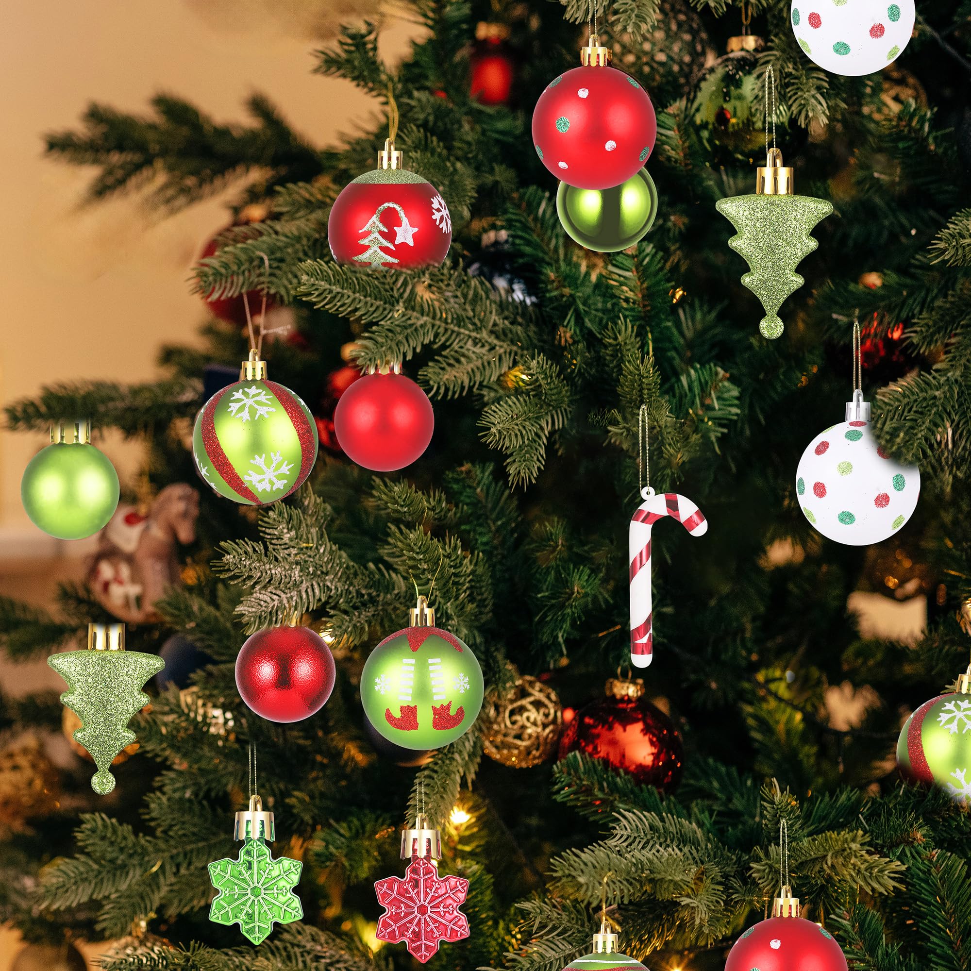 Zourglow – 46 Boules De Noël En Plastique Incassable – Motifs Bonbons, Flocons, Sapins – Tailles 3 à 7 Cm – Couleurs Rouge, Blanc, Vert – Pour Intérieur Et Extérieur - 8