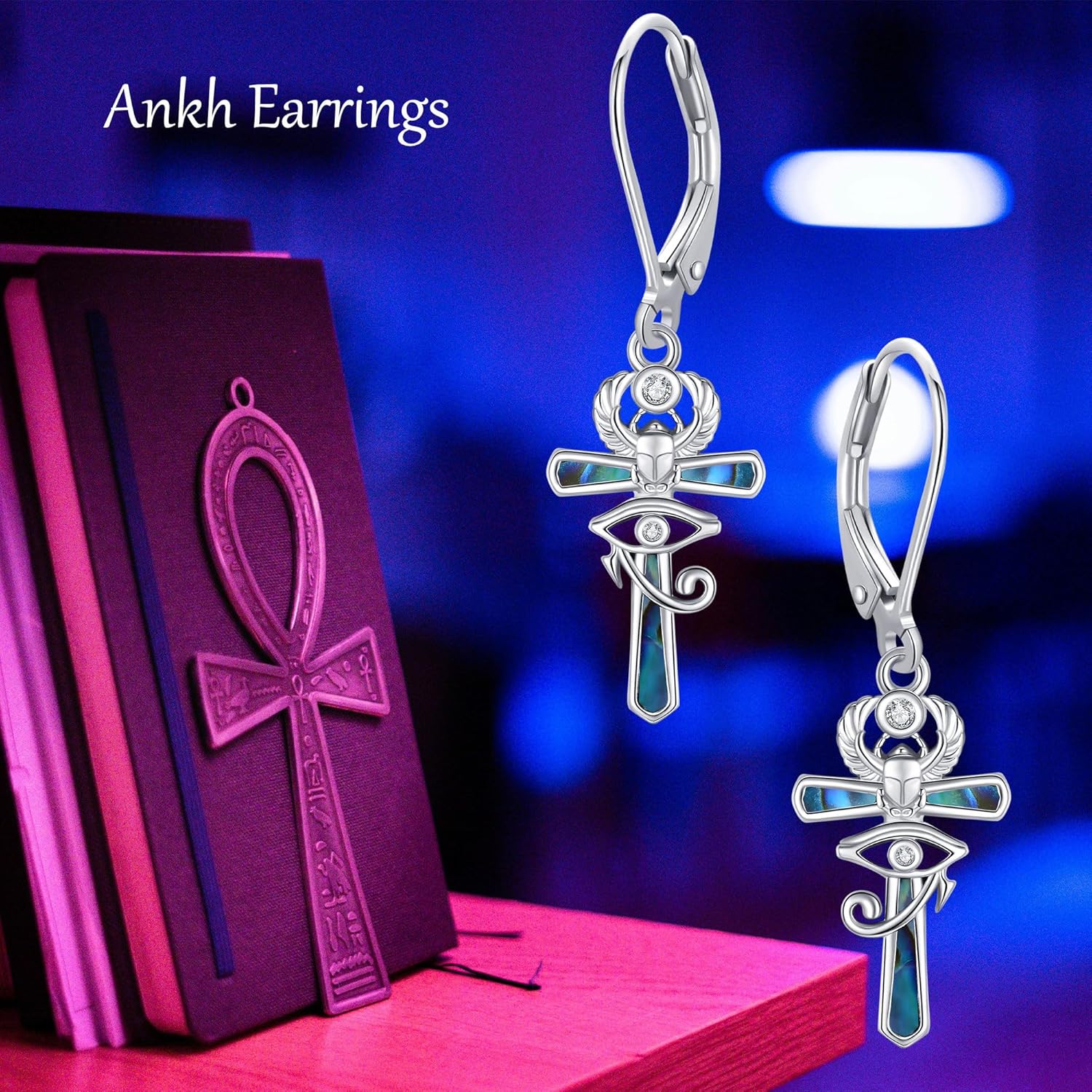Ankh Earrings 925 Sterling Silver Abalone Shell Eye Of Horus Leverback Earrings Egyptian Mother's Day Jewelry for Women Mom