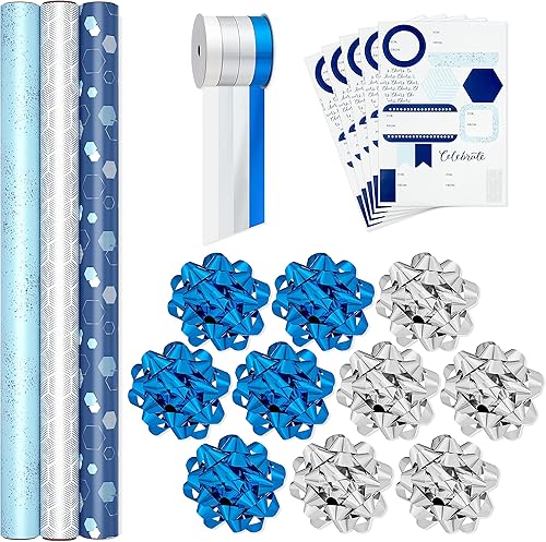 Hallmark Juego de papel de regalo azul y plateado (3 rollos 90 pies cuadrados Ttl, 10 lazos, cinta, etiquetas adhesivas de regalo) para cumpleaños,