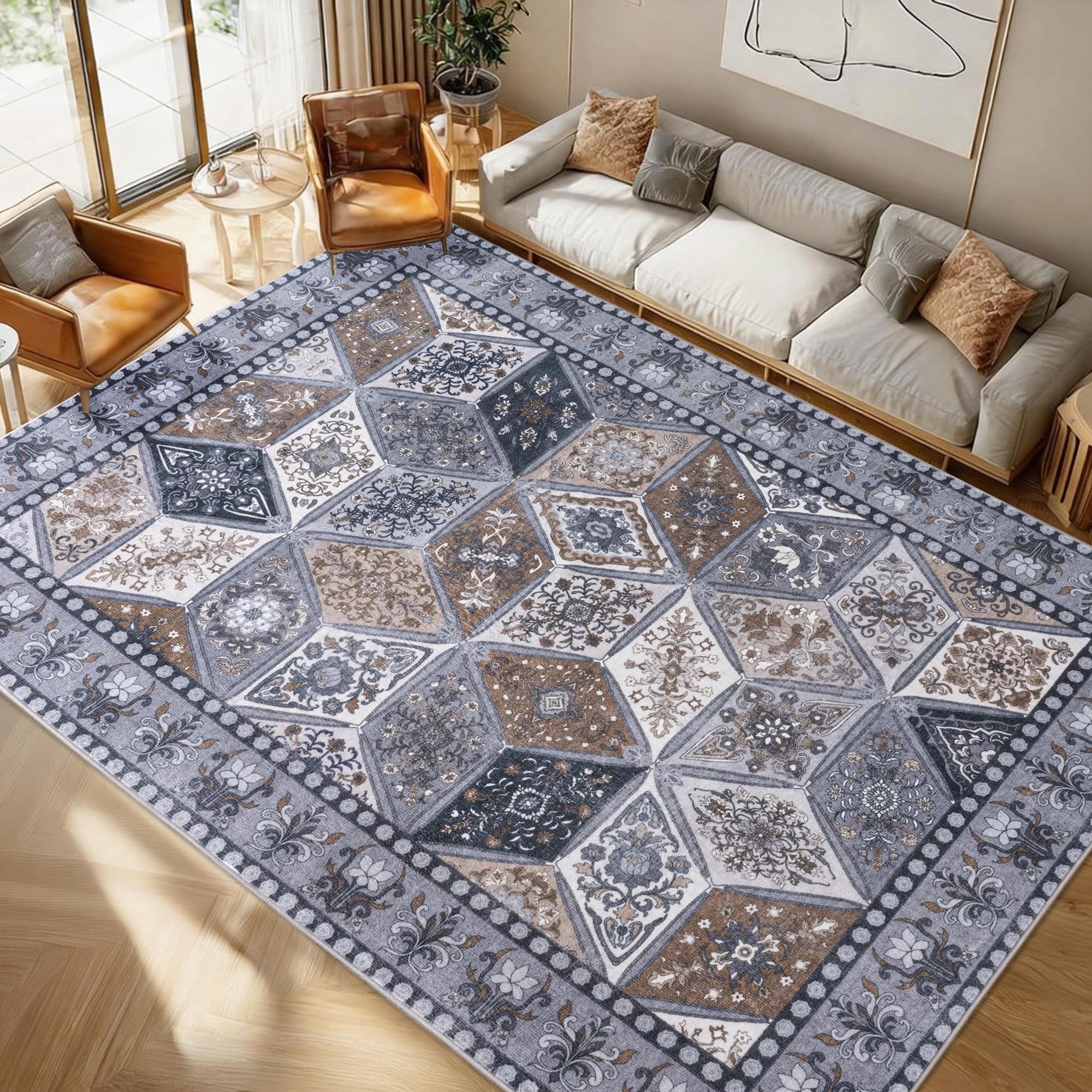 Calinline Vintage Area Rugs for Bedroom, 160x230 cm Retro Diamond Carpets for Living Room, Machine Washable Rug, Non Slip Low Pile Rug for Kitchen, Dining Room, Hallway, Office, Dark Grey