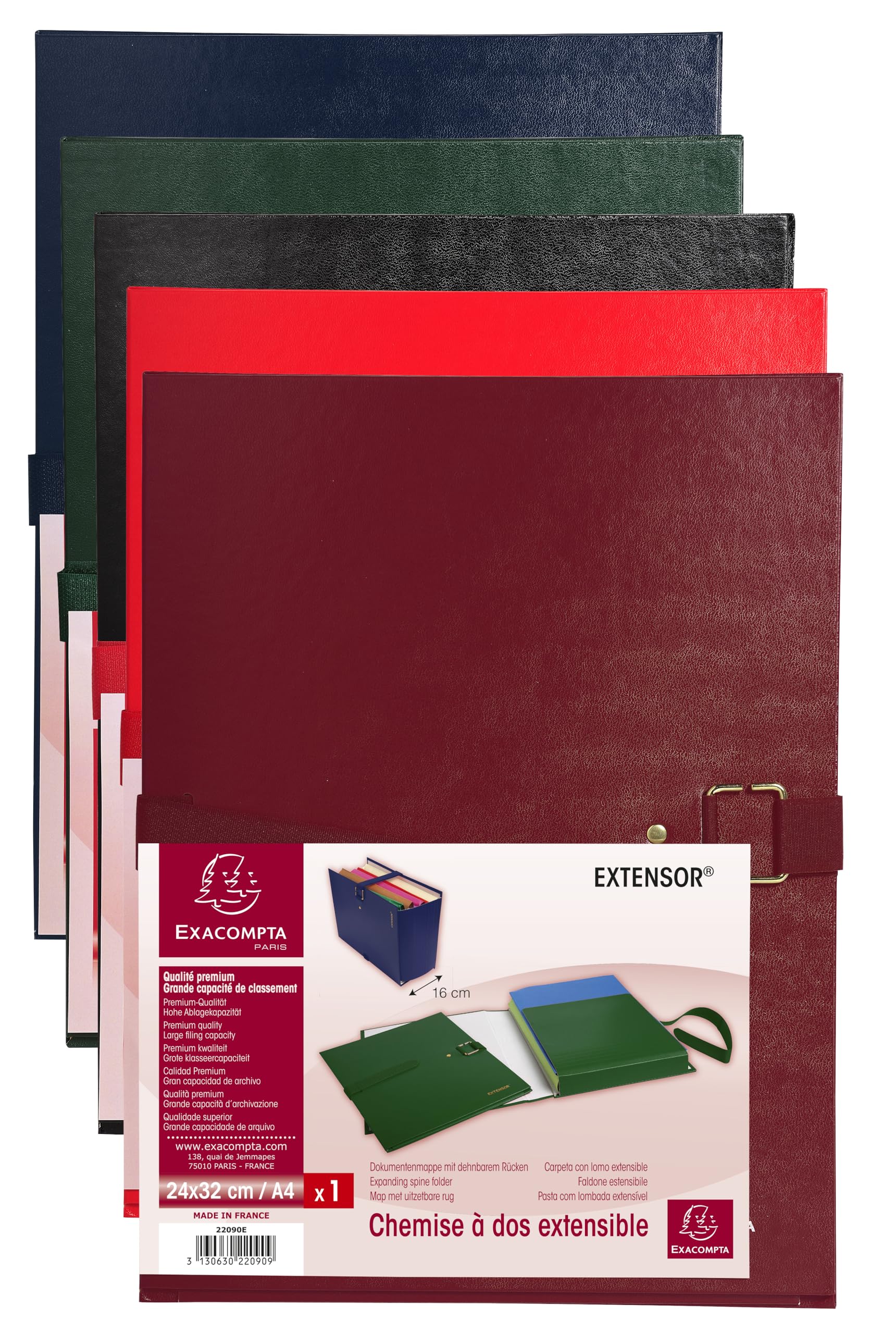 Exacompta - Réf. 22090E - Carton de 10 chemises à dos extensible Balacron Extensor - 1 rabat - fermeture par scratch et boucle métallique - capacité 1200 feuilles - dim 24x32 cm - couleurs assorties
