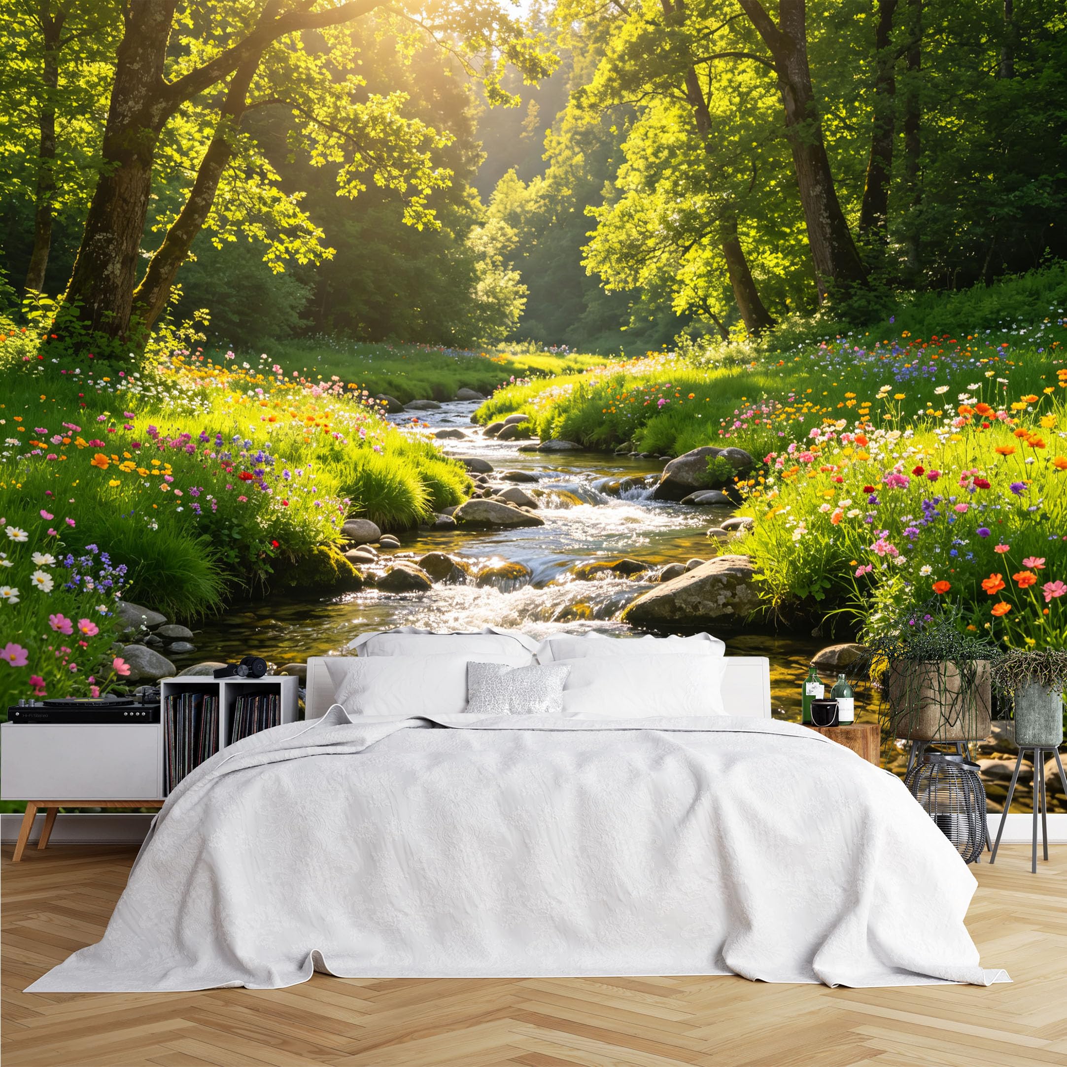 Lcythiazole Ch260615058 Custom Size Wall Murals Sunlit Forest Stream Wildflower Landscape Wall Murals Large Photo Wallpaper Self-Adhesive Removable Wallpaper For Cottage Living Room