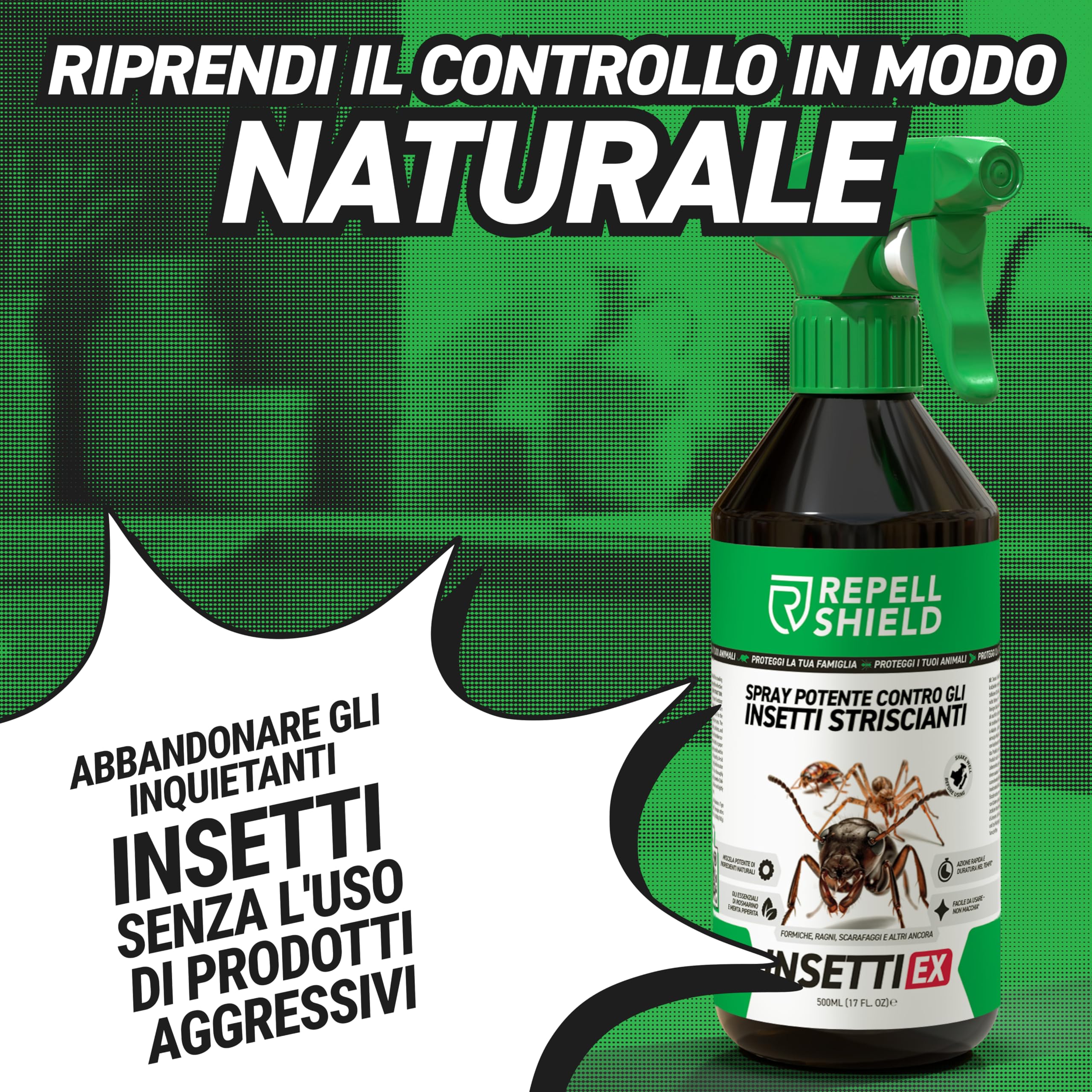 RepellShield Spray Naturale Contro Insetti Striscianti e Volanti – 500ml – Allontana Formiche e Scarafaggi – Sicuro per Animali – Uso Domestico e Professionale (Insetti Striscianti)