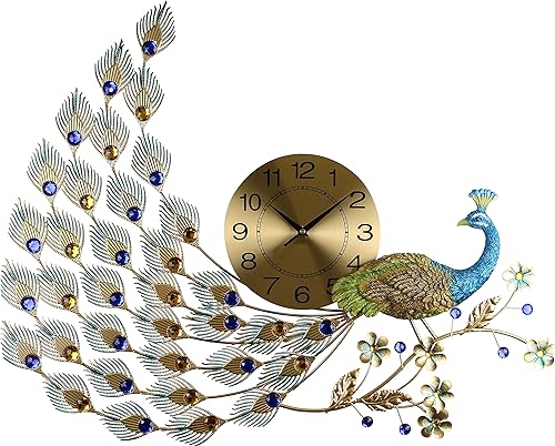 Reloj de pared grande de pavo real con hermosos detalles de cristal