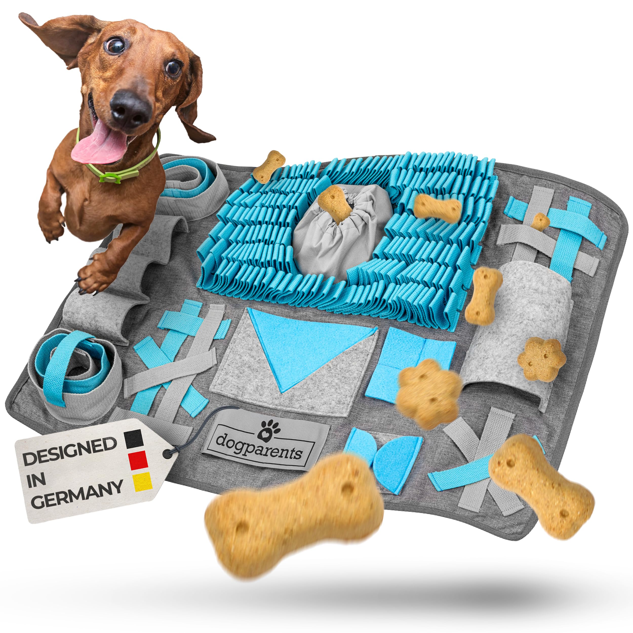DOGPARENTS® Schnüffelteppich für Hunde groß & klein [12 VERSTECKE] Hunde Beschäftigung EXTRA ROBUST Schnüffelteppich Hund & Katze - Schnüffelmatte Hund blau