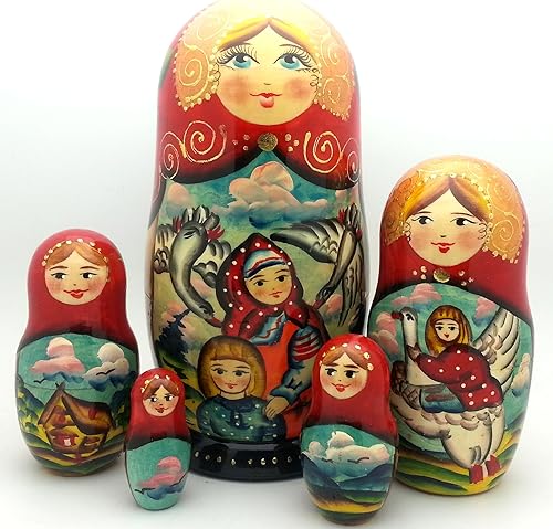 Juego de 5 muñecas rusas talladas a mano pintadas a mano, juego de 5 piezas de cisne y gansos, juego de apilamiento de cuento de hadas de 7 pulgadas