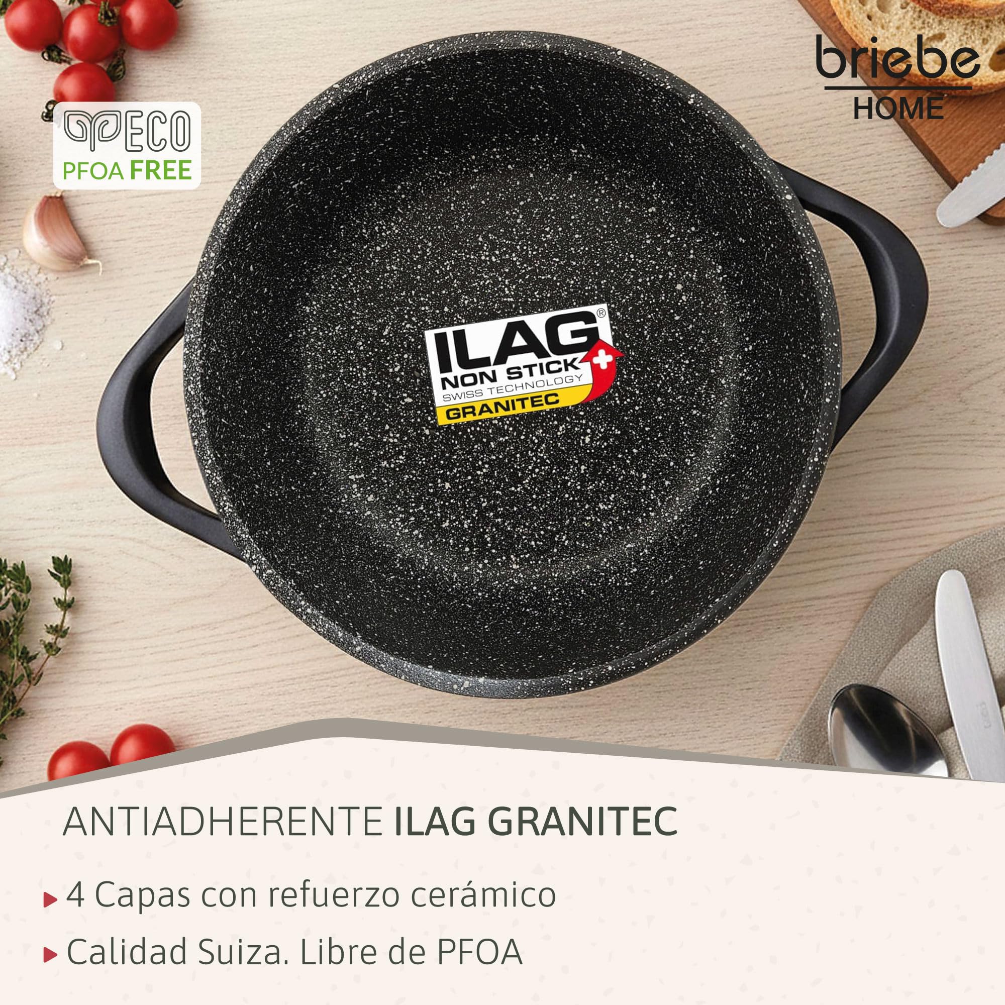 briebe Batería Cocina Inducción 8 Piezas, Juego 4 Ollas Aluminio Fundido, Antiadherente ILAG GRANITEC sin PFOA, Set Cazuelas Tapas Cristal, Guantes Silicona, Vitrocerámica, Gas, Horno.