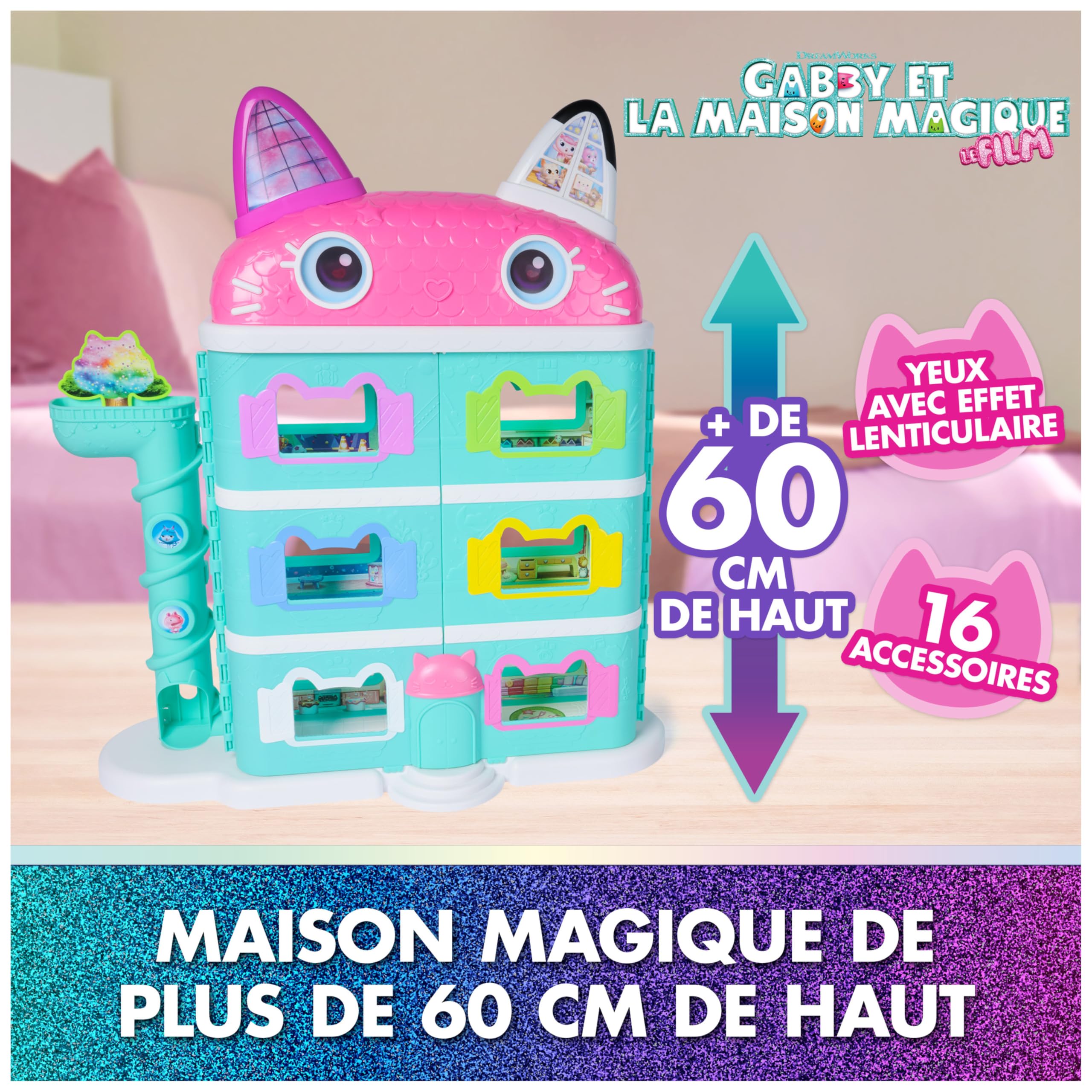 Gabby et la Maison Magique Le Film - Gabby Dollhouse - Maison De Poupée 60 Cm De Haut avec 1 Figurine Et 15 Accessoires - Yeux Lenticulaires - Dessin Animé Jouet - Jouet Enfant 3 Ans Et +