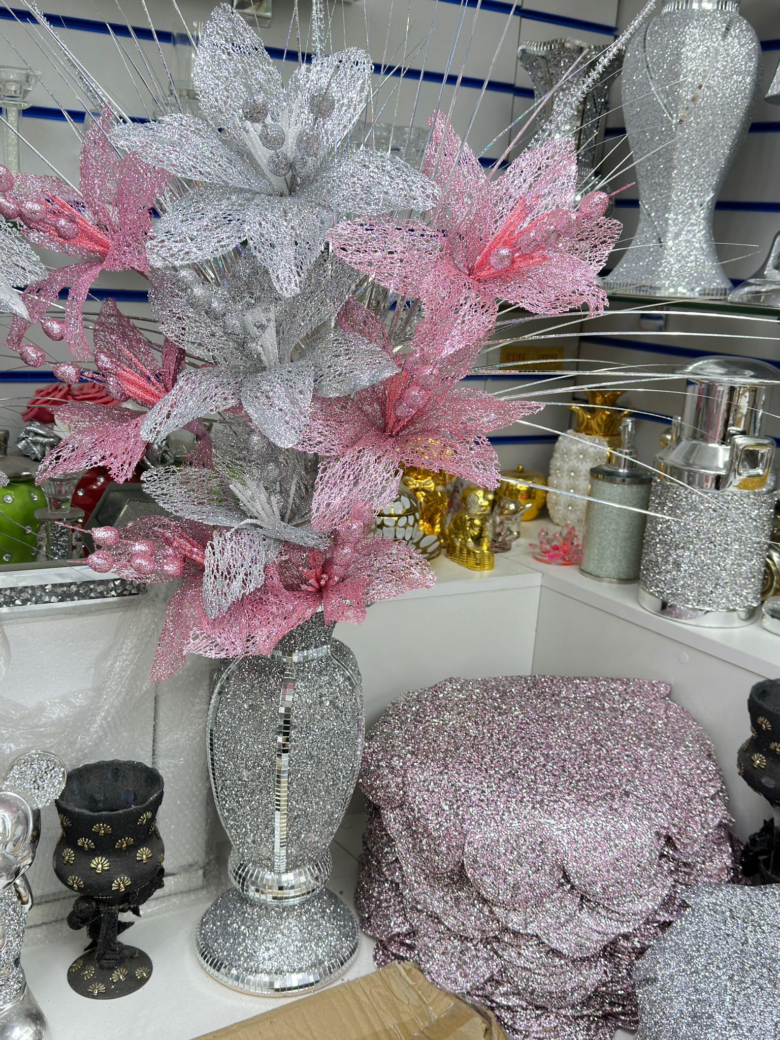 Jayogla Silver And Grey Glittering Decorative Flower Arrangement, Pink And Silver Crushed Diamond Effect, Luxury Home Decor Ornament