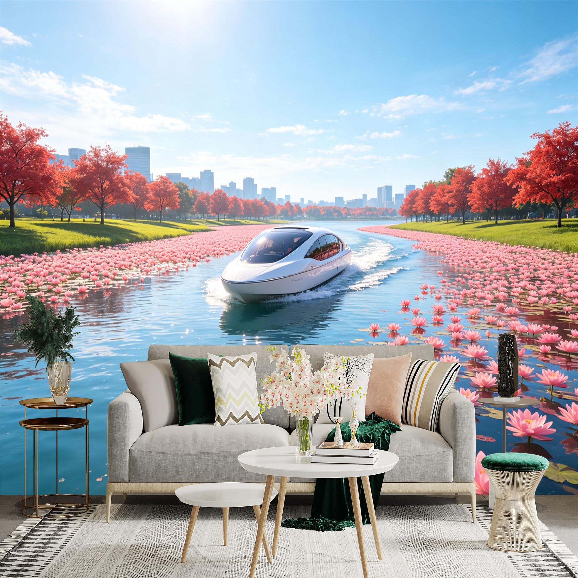 Custom Size Wall Sticker Mural， Modern Yacht Sailing on River， Pink Lotus Flowers and Autumn Foliage， for wall Decoration， peelandstick wall Decals.